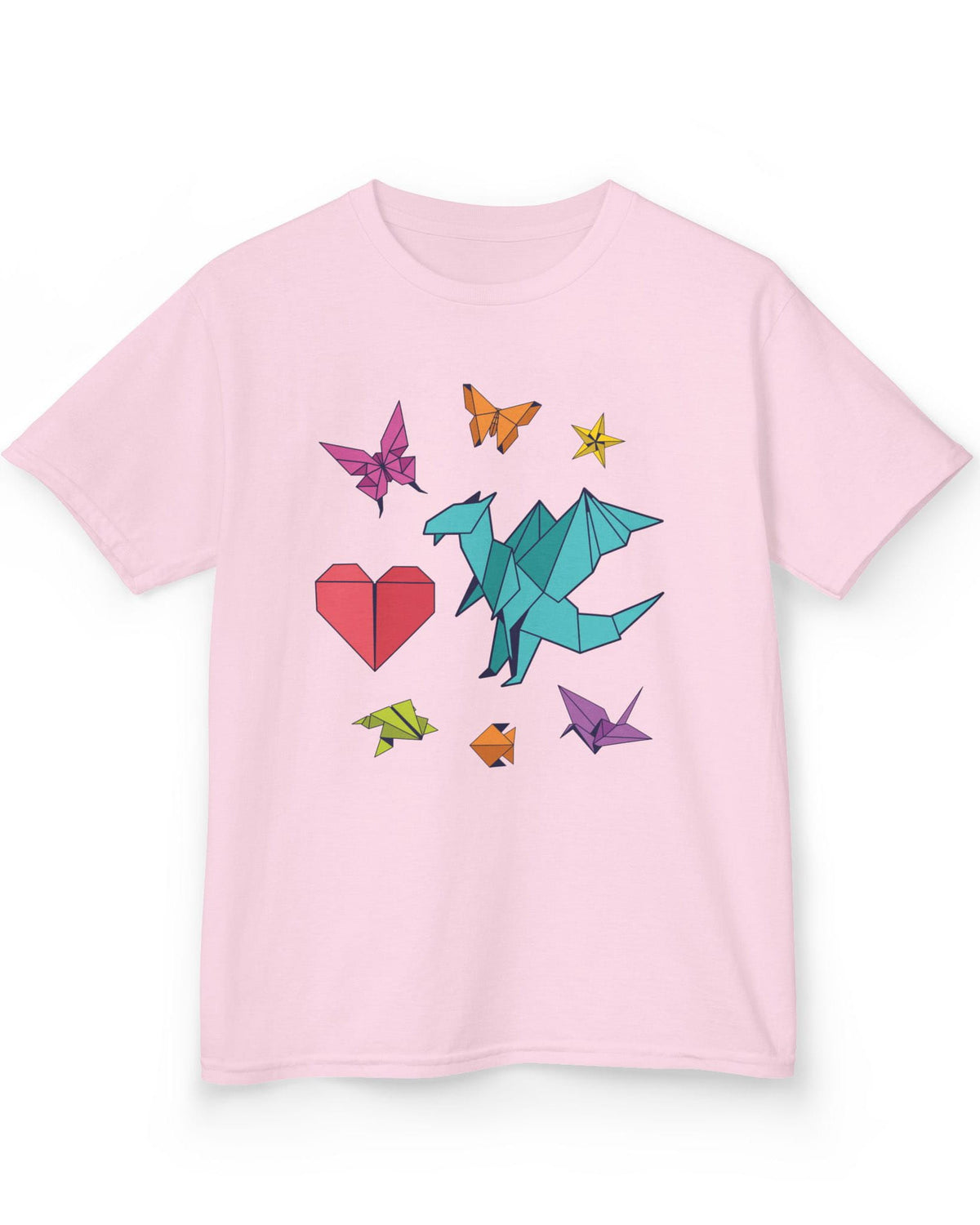 Between the Folds shirt in light pink featuring colorful origami animals, a heart, and a dragon