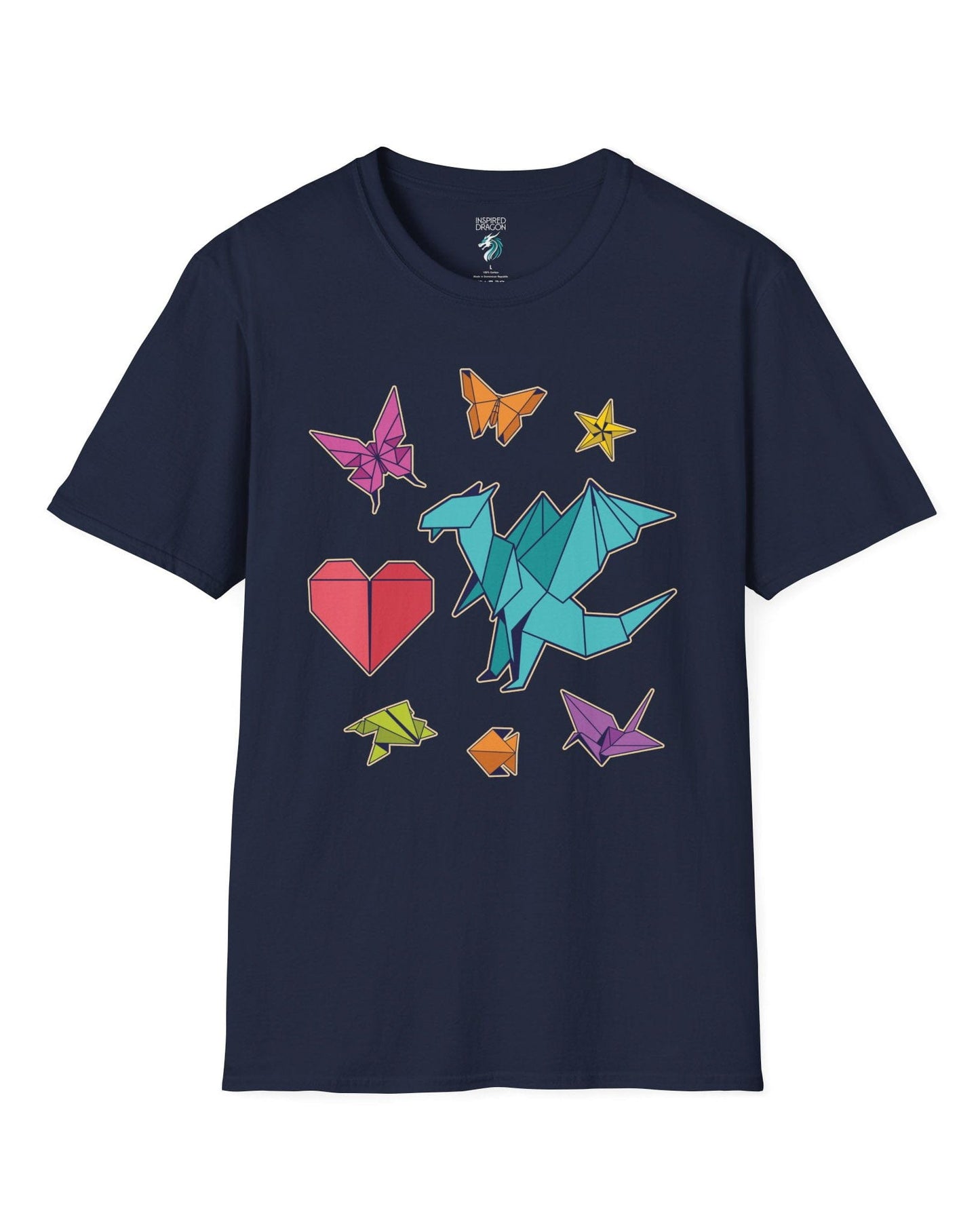Between the Folds shirt in navy, featuring colorful origami animals, a heart, and a dragon.