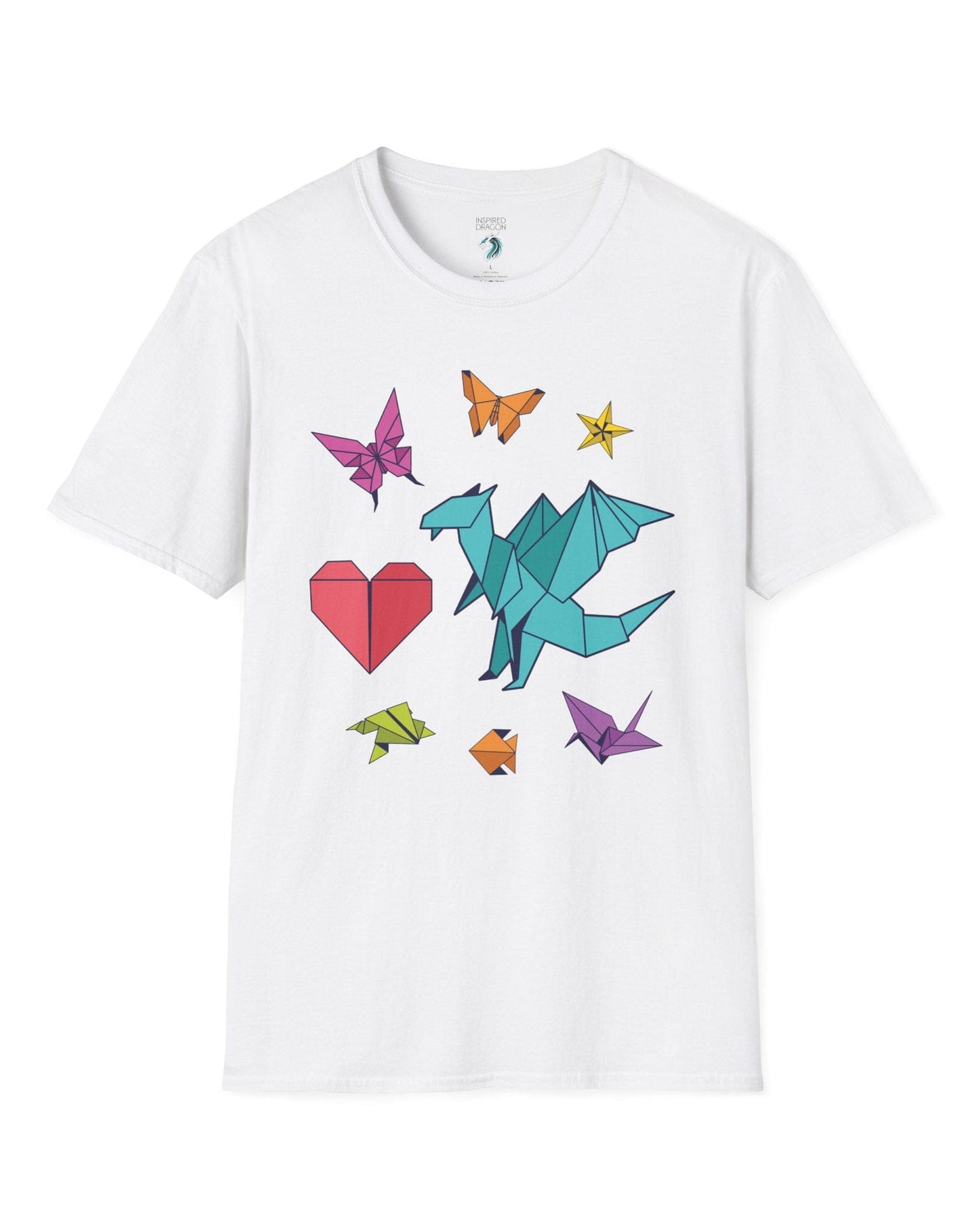 Between the Folds shirt in white, featuring colorful origami animals, a heart, and a dragon.