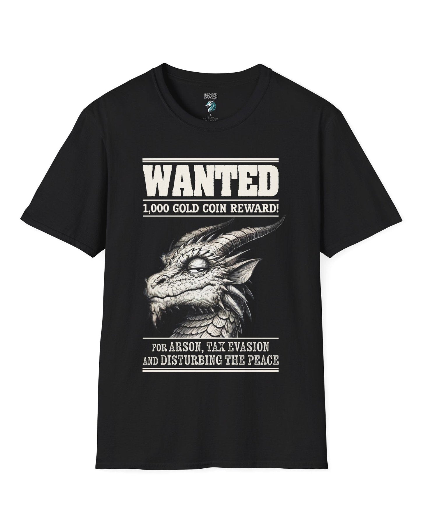 Wanted Dragon shirt in black, featuring a sketch-style dragon and humorous bounty notice.
