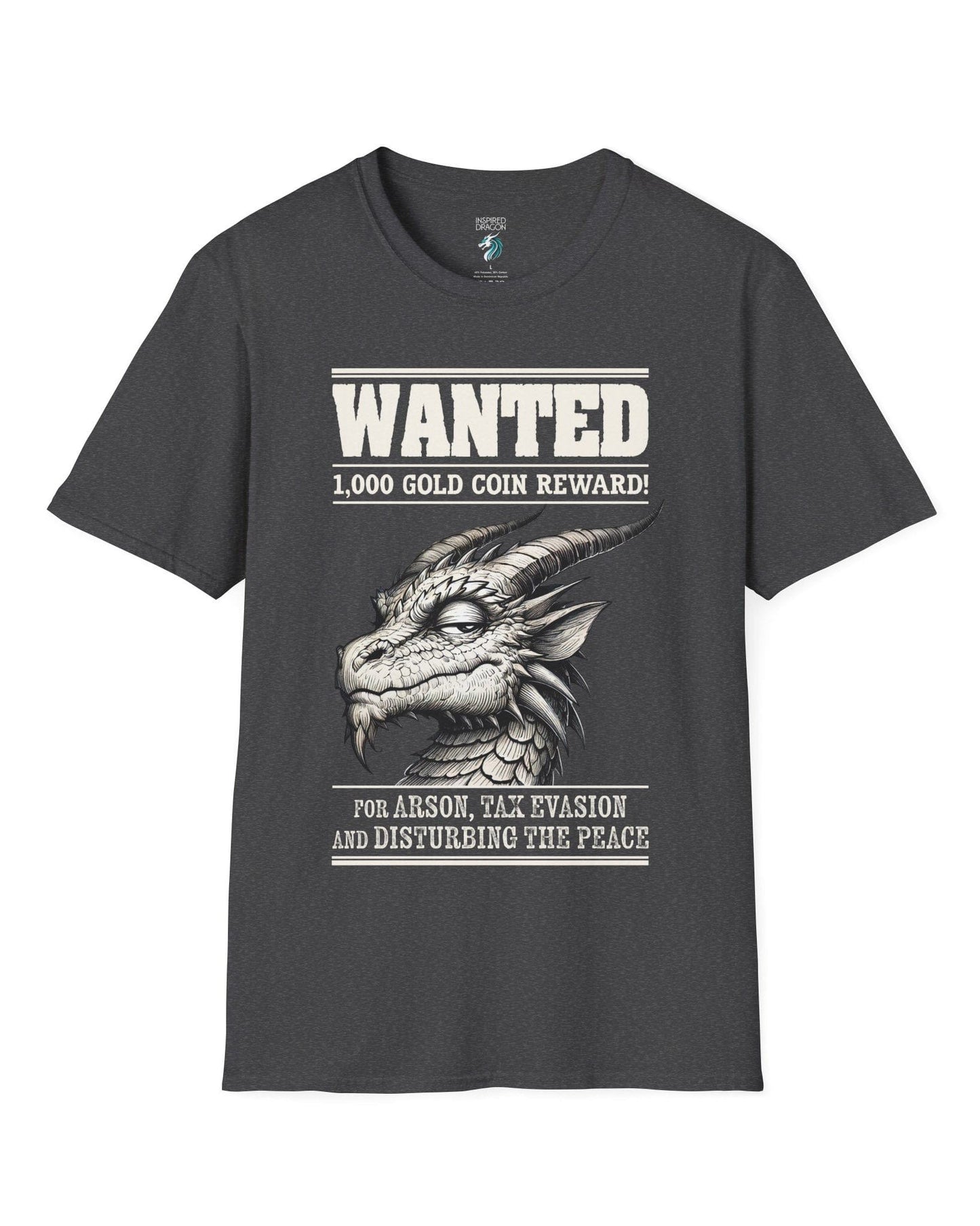 Wanted Dragon shirt in dark heather grey, featuring a sketch-style dragon and humorous bounty notice.