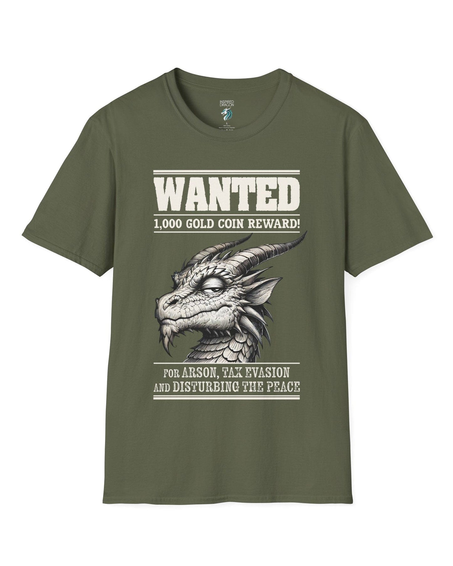 Wanted Dragon shirt in military green, featuring a sketch-style dragon and humorous bounty notice.