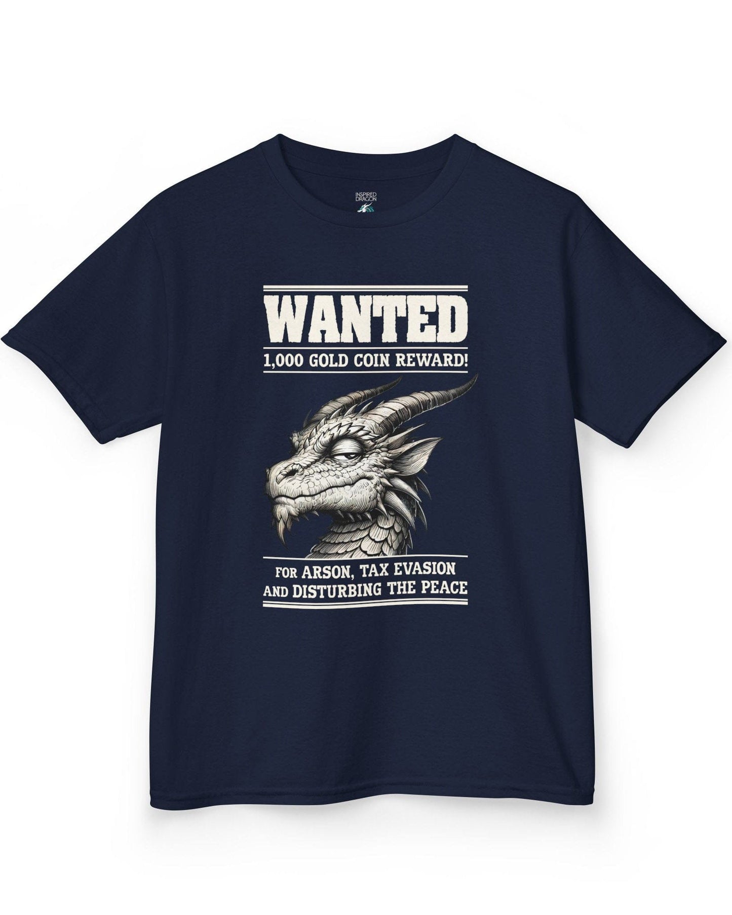 Wanted Dragon shirt in navy, featuring a sketch-style dragon and humorous bounty notice.