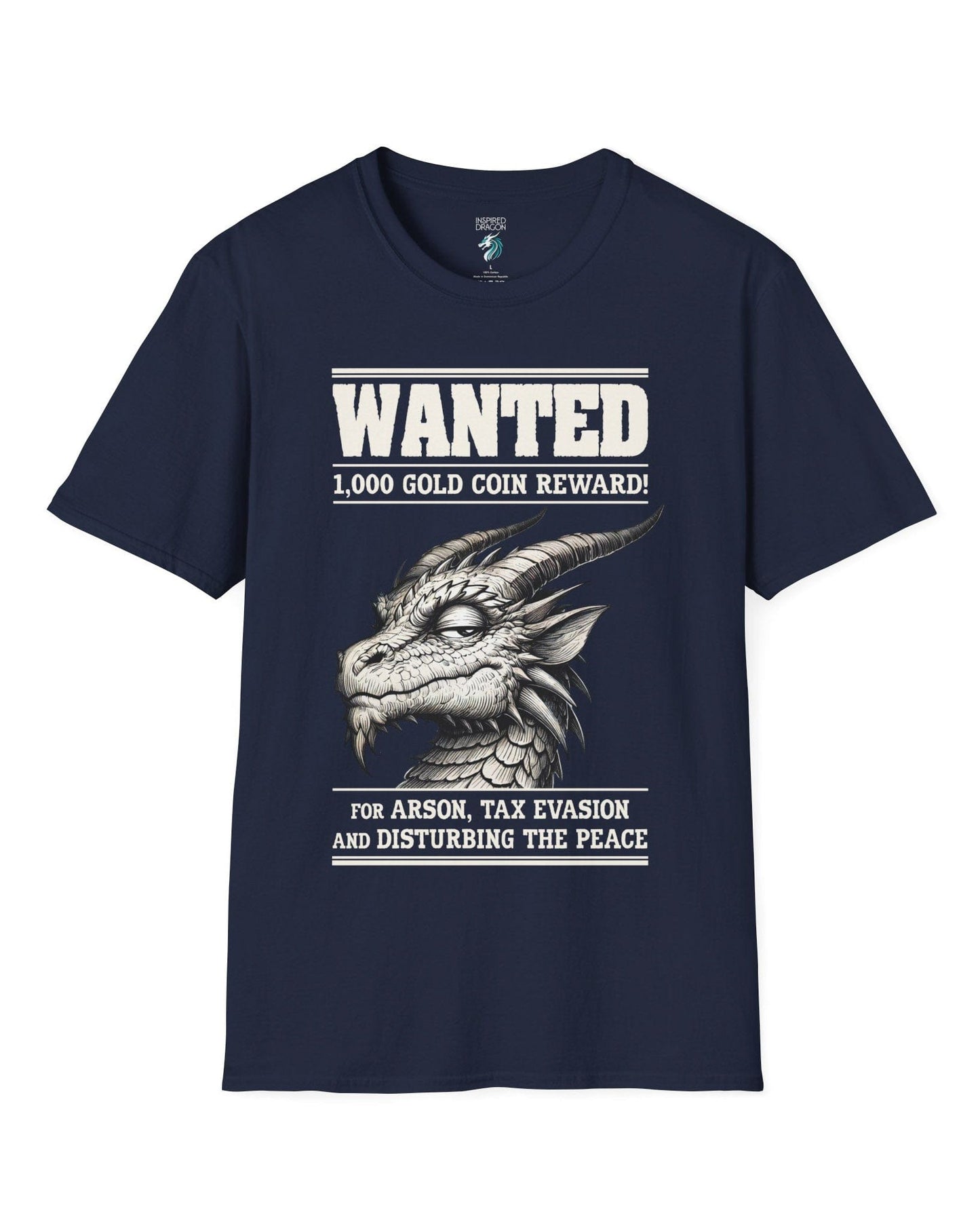Wanted Dragon shirt in navy, featuring a sketch-style dragon and humorous bounty notice.