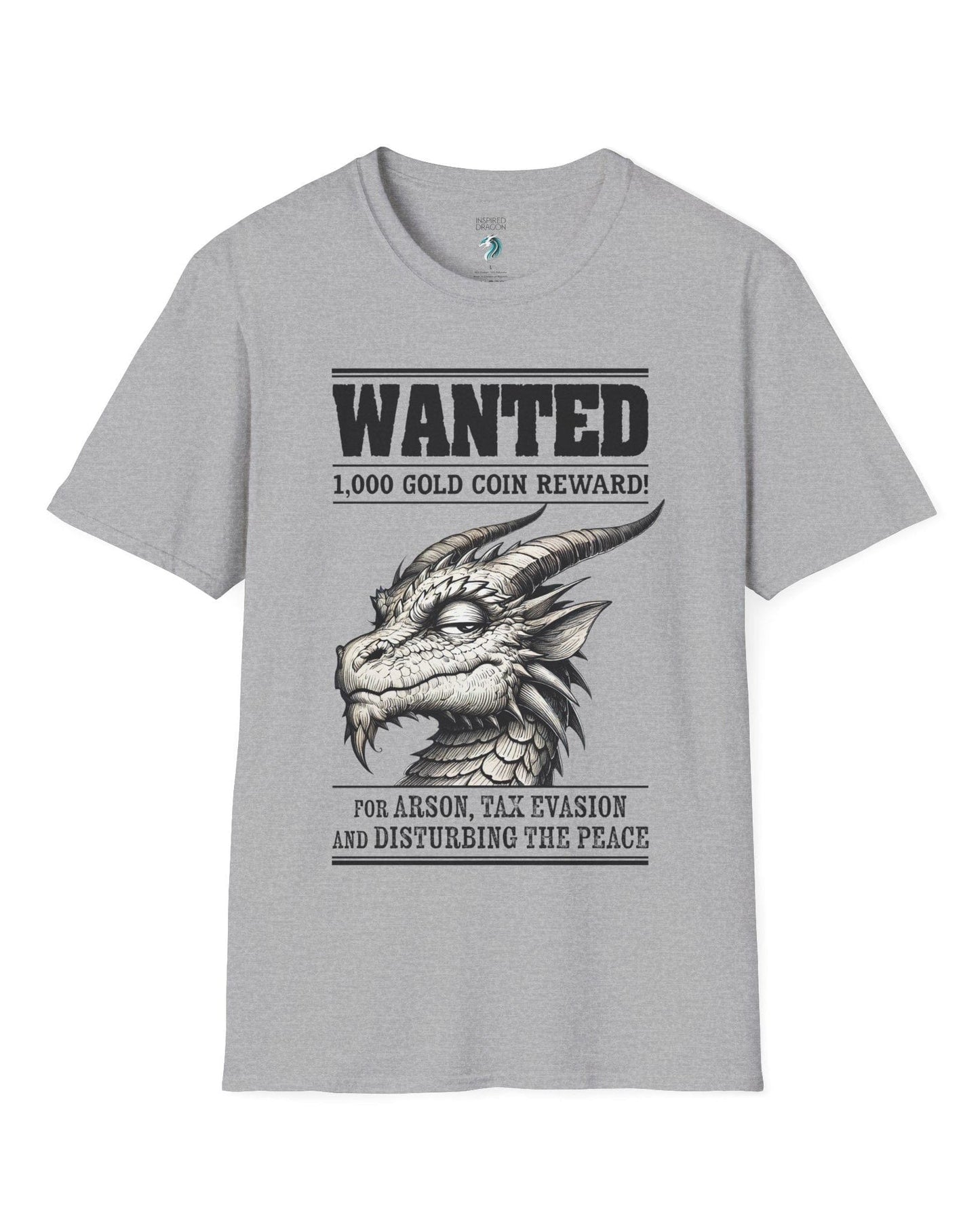 Wanted Dragon shirt in sport grey, featuring a sketch-style dragon and humorous bounty notice.
