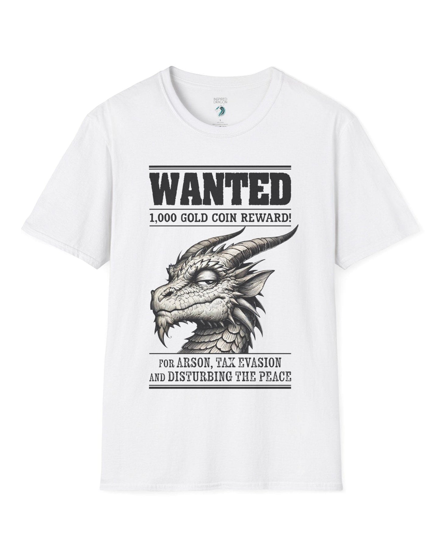 Wanted Dragon shirt in white, featuring a sketch-style dragon and humorous bounty notice.