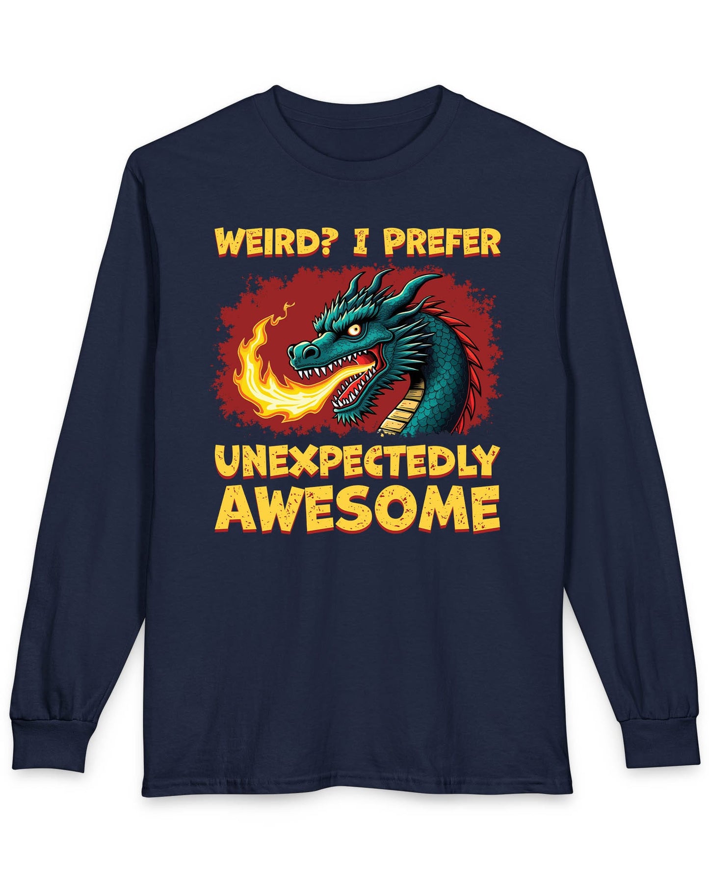 Unexpectedly Awesome Dragon shirt in navy featuring a fire-breathing dragon with bold red and yellow text