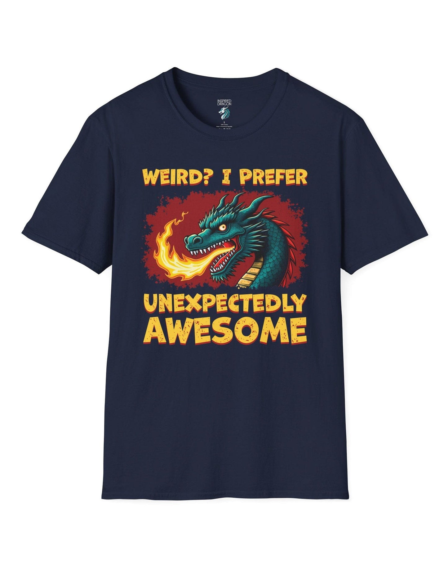 Unexpectedly Awesome Dragon shirt in navy featuring a fire-breathing dragon with bold red and yellow text.