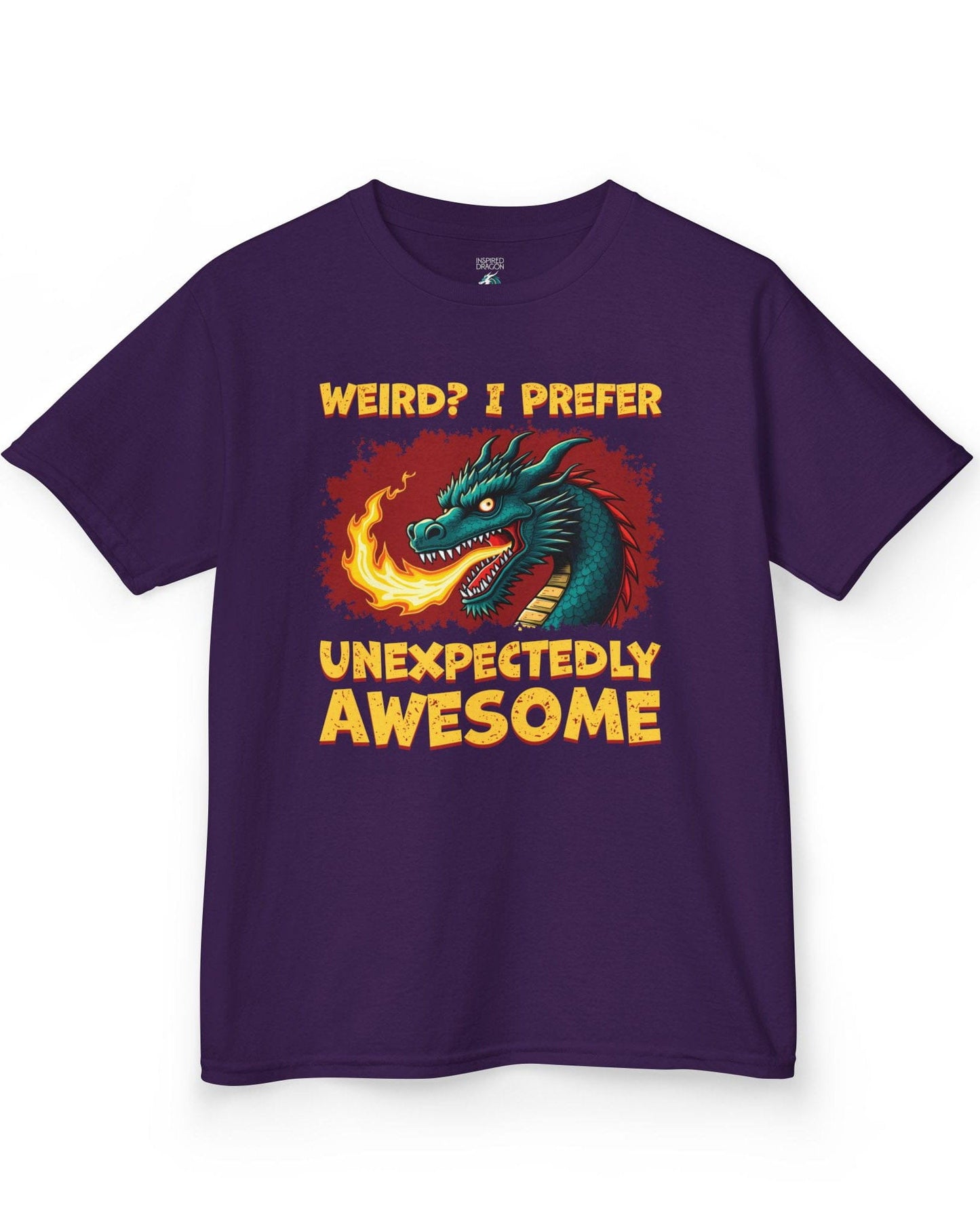 Unexpectedly Awesome Dragon shirt in purple featuring a fire-breathing dragon with bold red and yellow text.