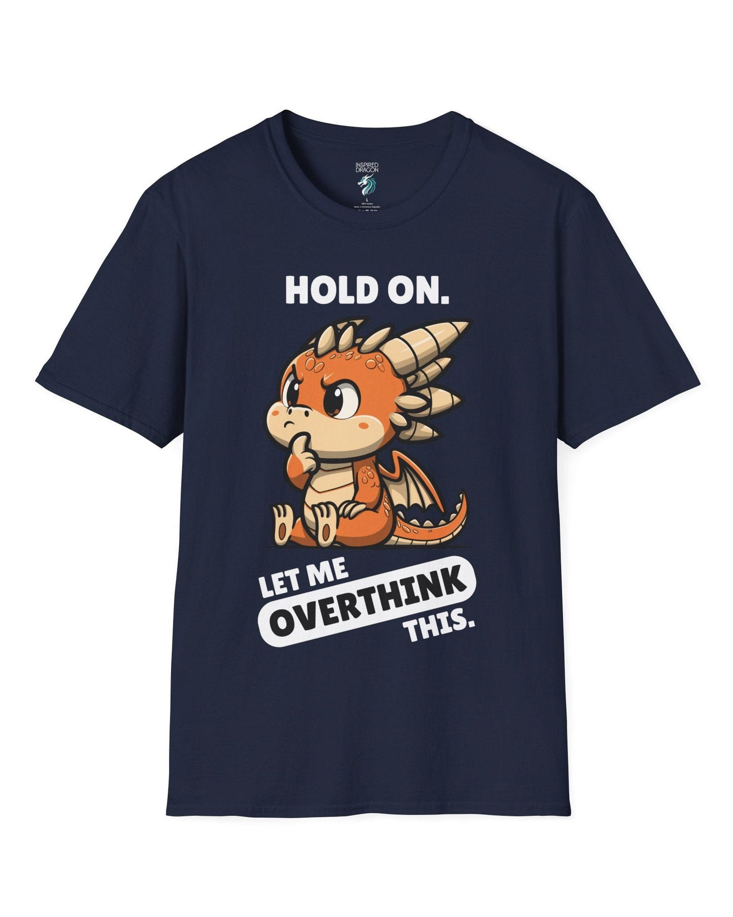 Let Me Overthink This shirt in navy, featuring a thoughtful cartoon dragon with bold white and black text.