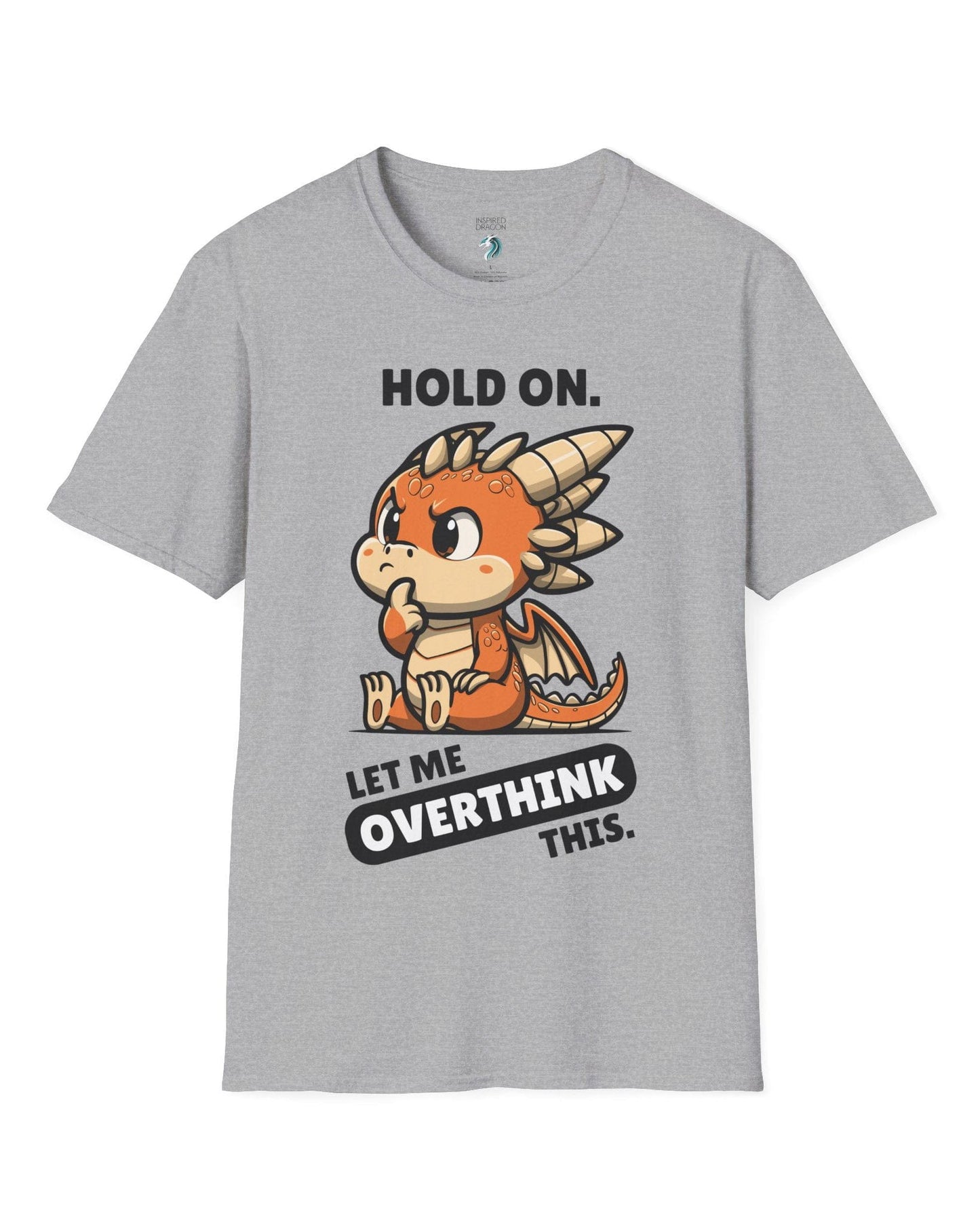 Let Me Overthink This shirt in sport grey, featuring a thoughtful cartoon dragon with bold white and black text.