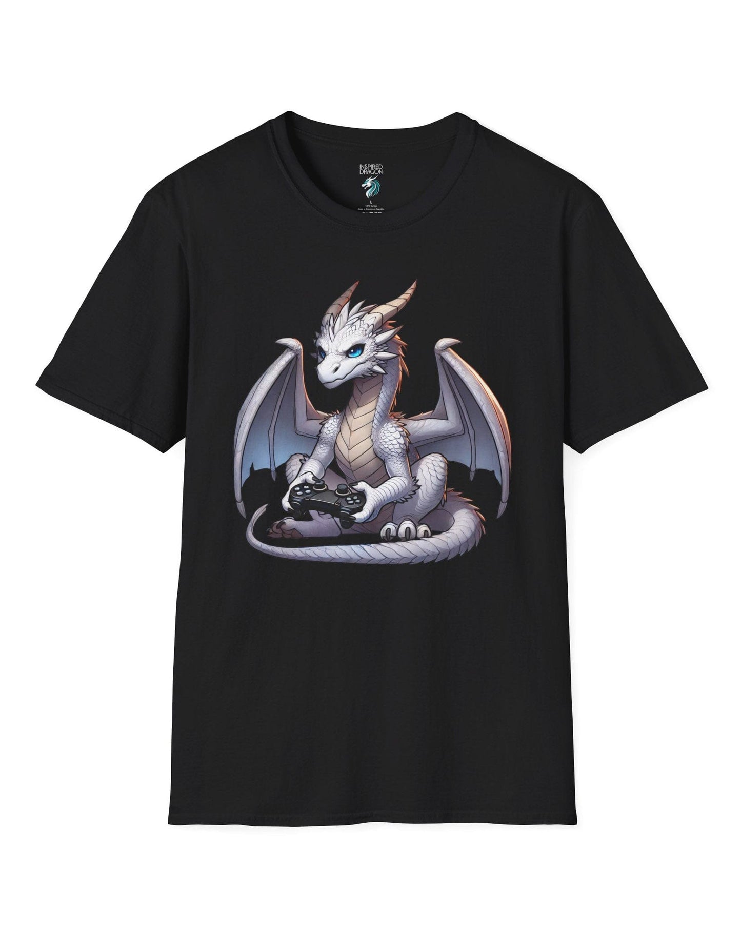 Gaming Dragon shirt in black featuring a white dragon with blue eyes holding a video game controller.
