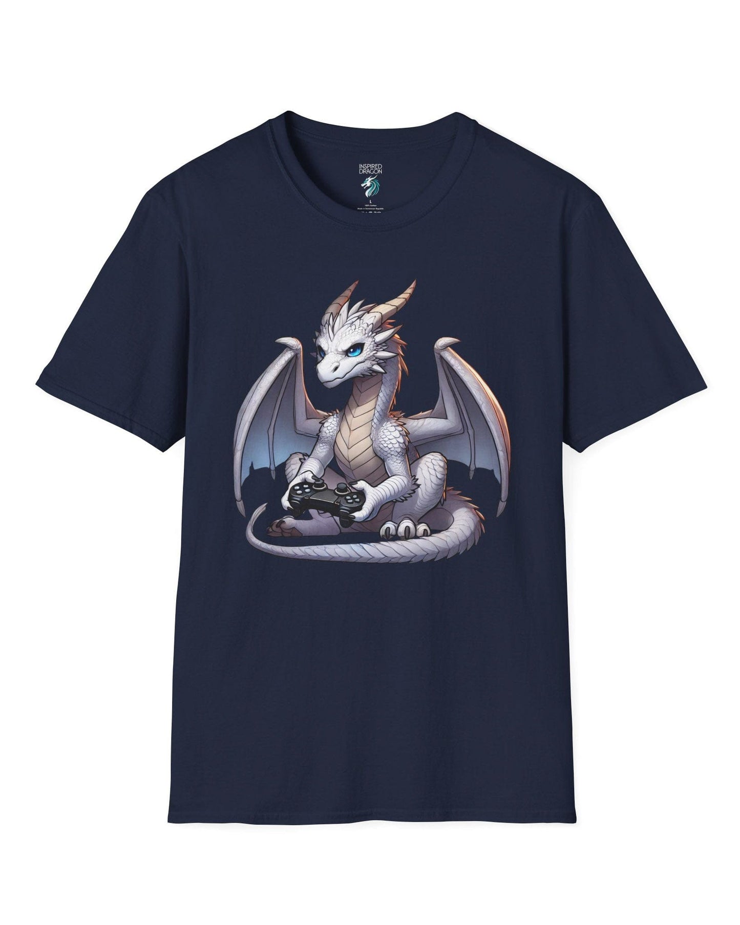 Gaming Dragon shirt in navy featuring a white dragon with blue eyes holding a video game controller.