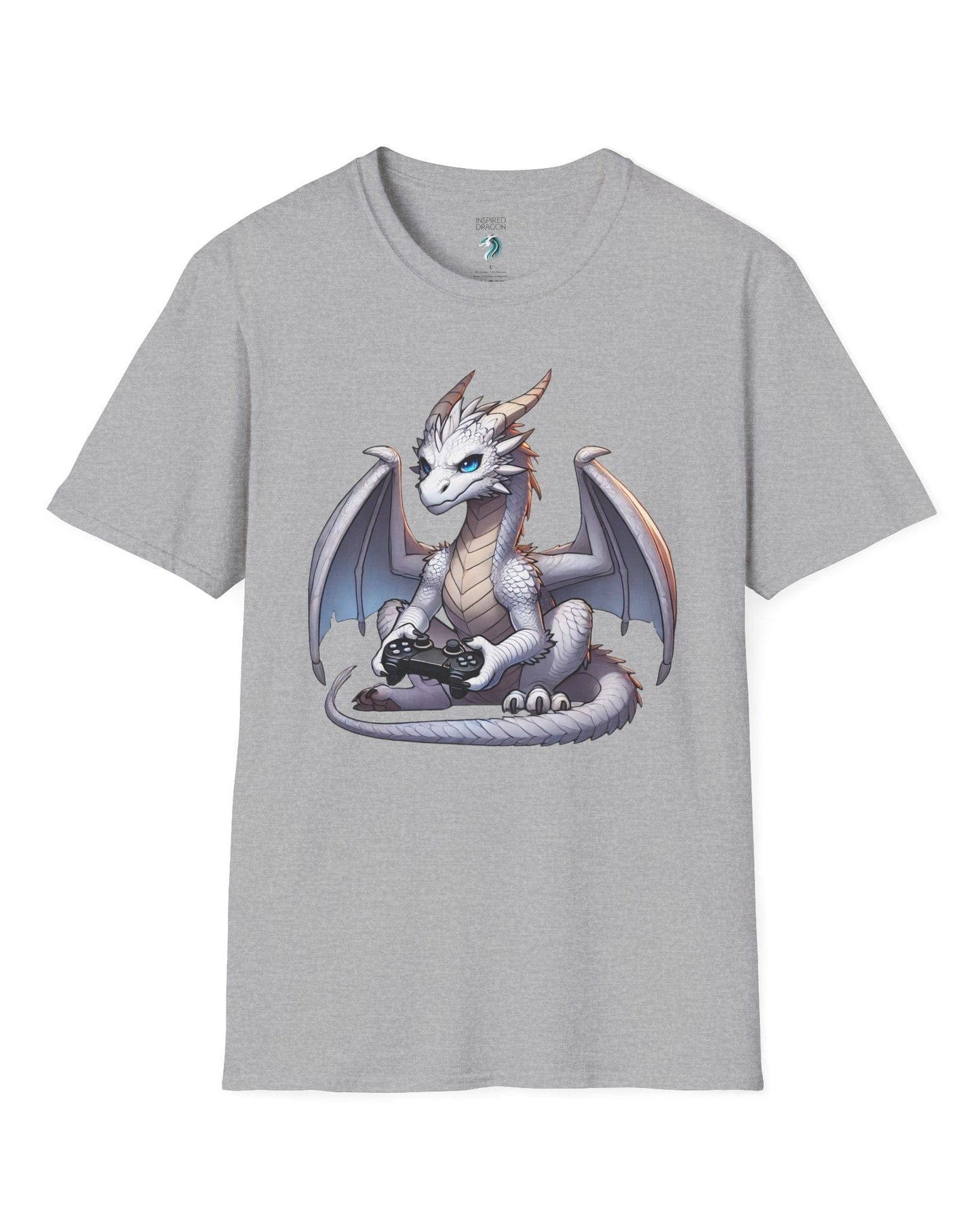 Gaming Dragon shirt in sport grey featuring a white dragon with blue eyes holding a video game controller.