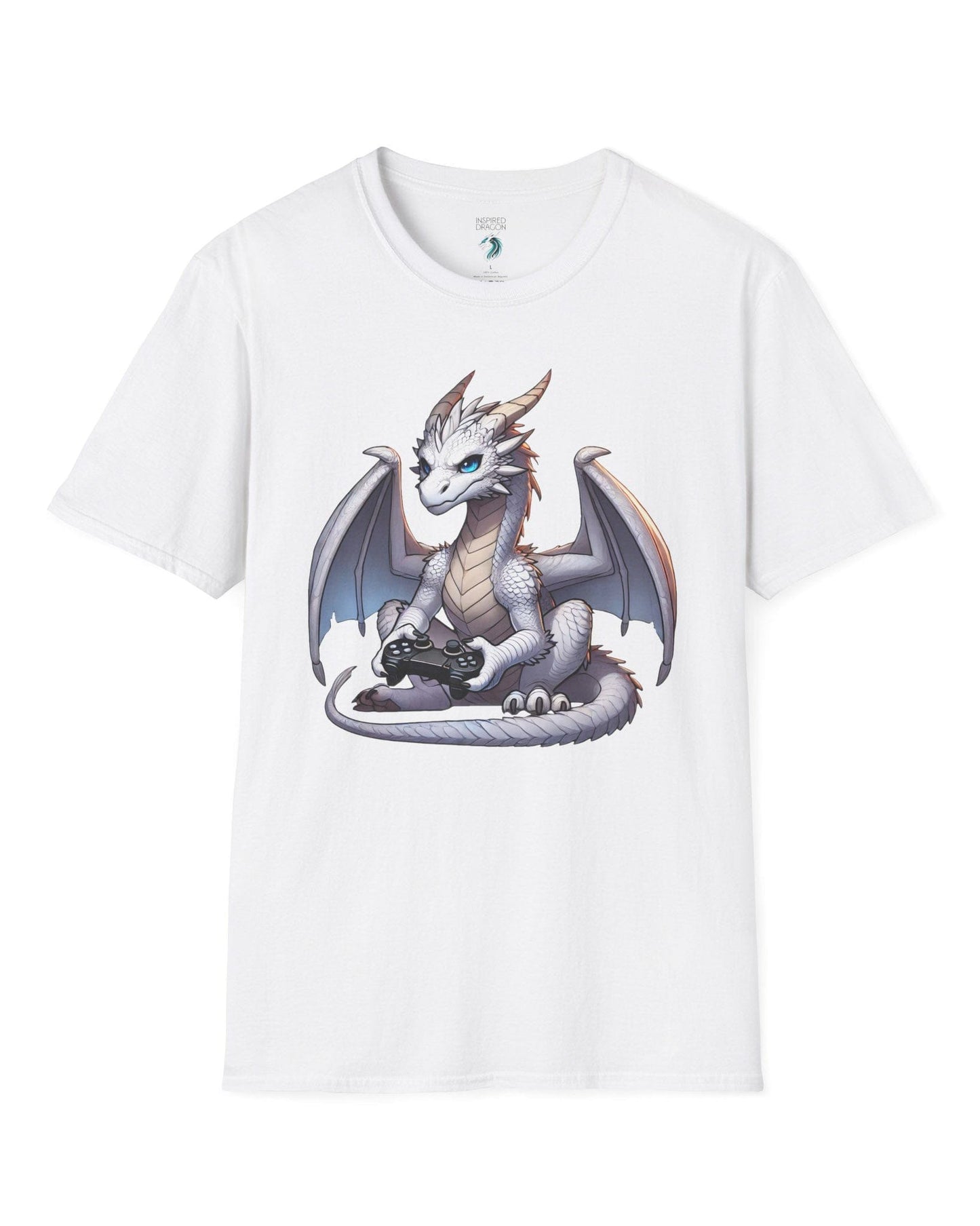 Gaming Dragon shirt in white featuring a white dragon with blue eyes holding a video game controller.