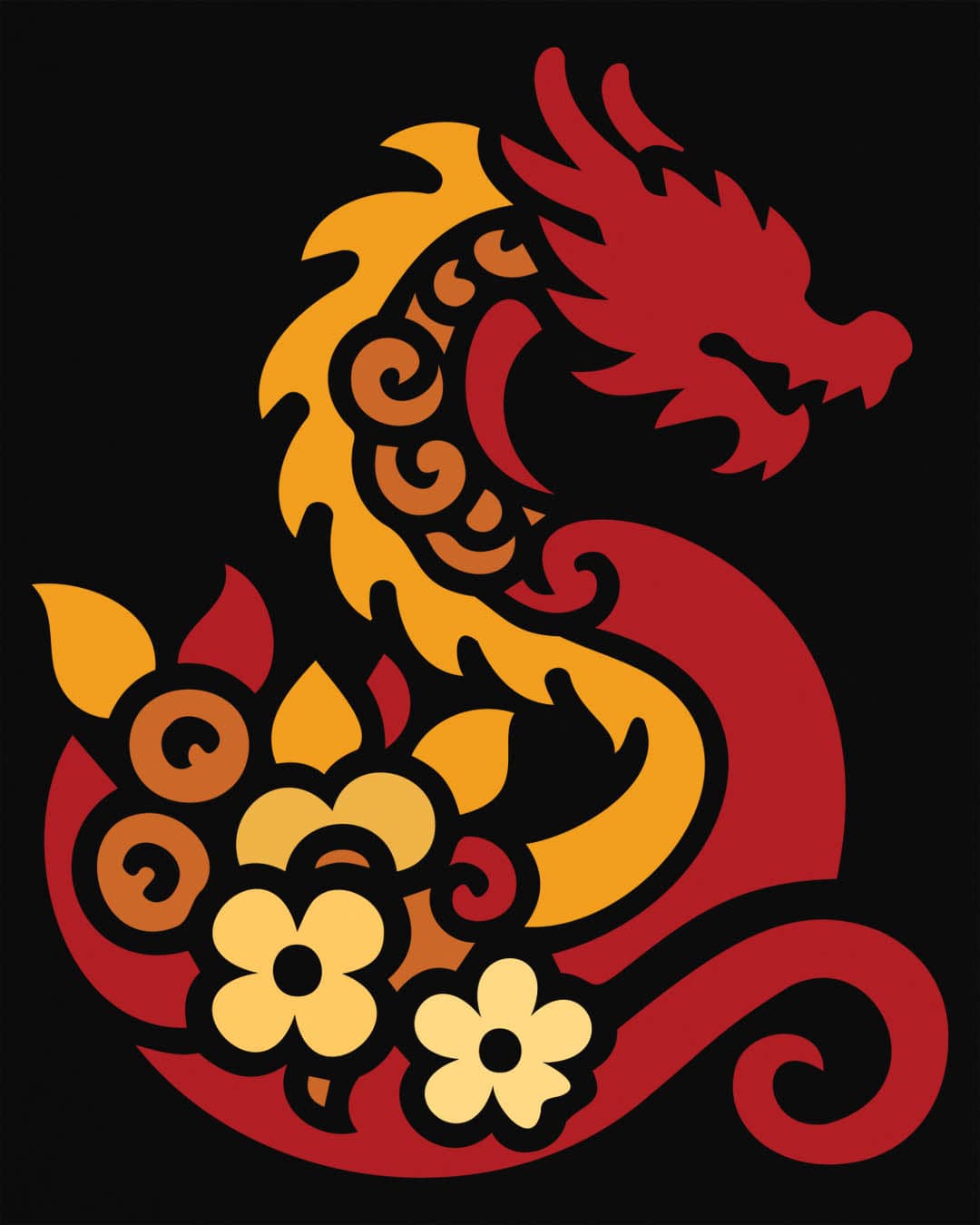 Spirit of the Embers shirt in black featuring a red and gold stylized dragon surrounded by floral elements.