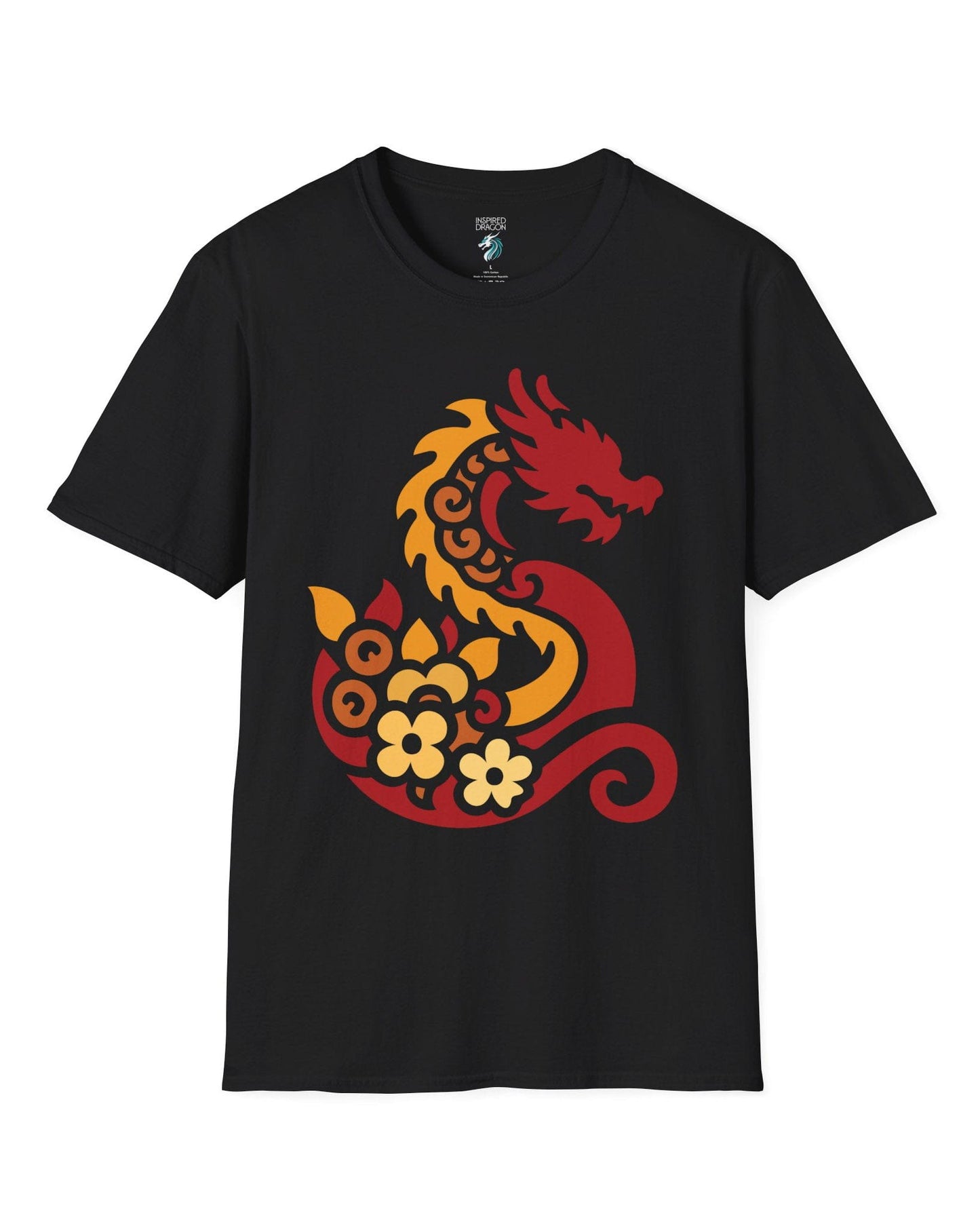 Spirit of the Embers shirt in black featuring a red and gold stylized dragon surrounded by floral elements.