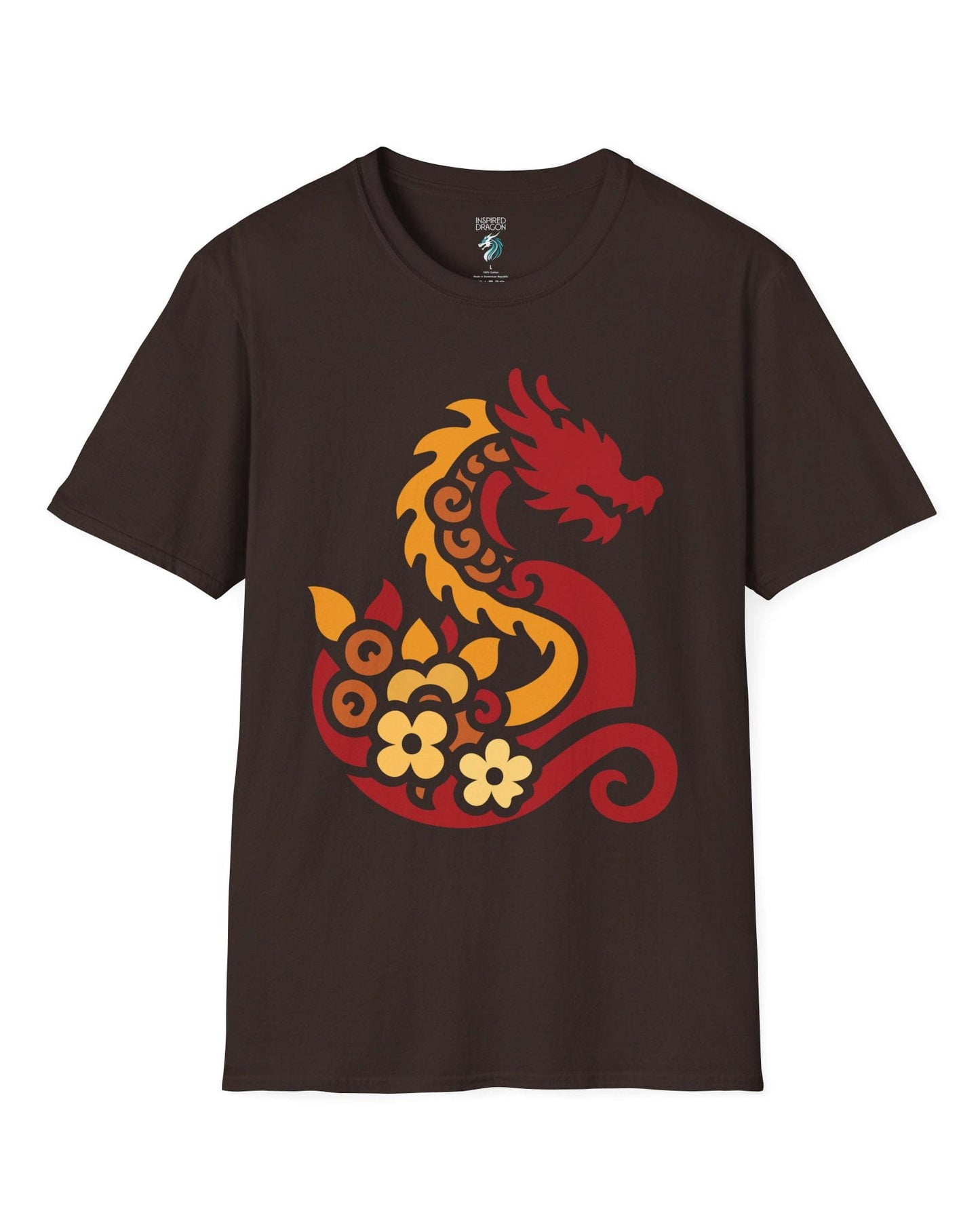 Spirit of the Embers shirt in dark chocolate featuring a red and gold stylized dragon surrounded by floral elements.