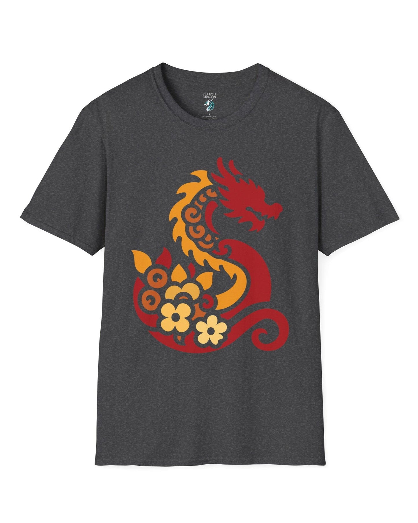 Spirit of the Embers shirt in dark heather grey featuring a red and gold stylized dragon surrounded by floral elements.