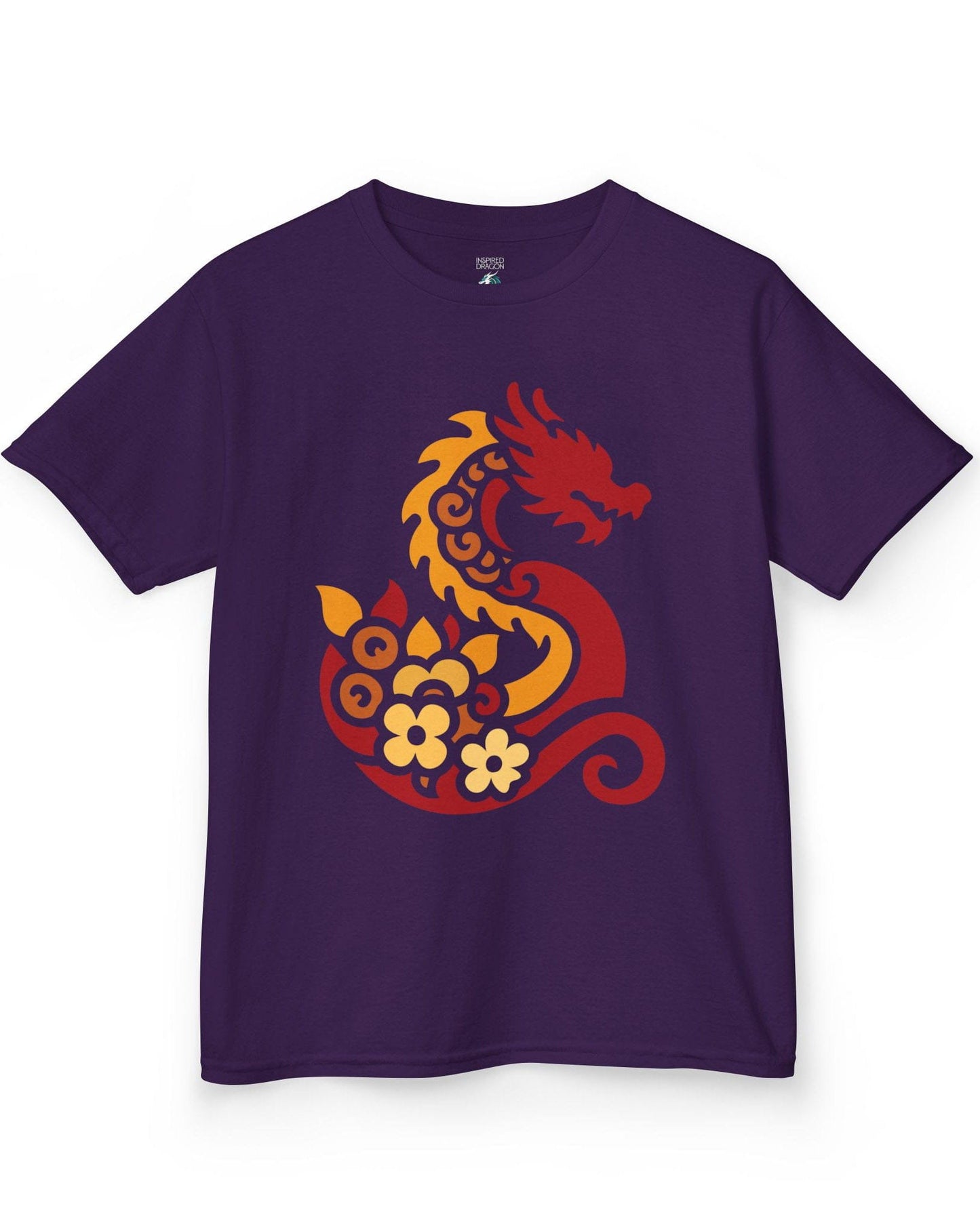 Spirit of the Embers shirt in purple featuring a red and gold stylized dragon surrounded by floral elements.