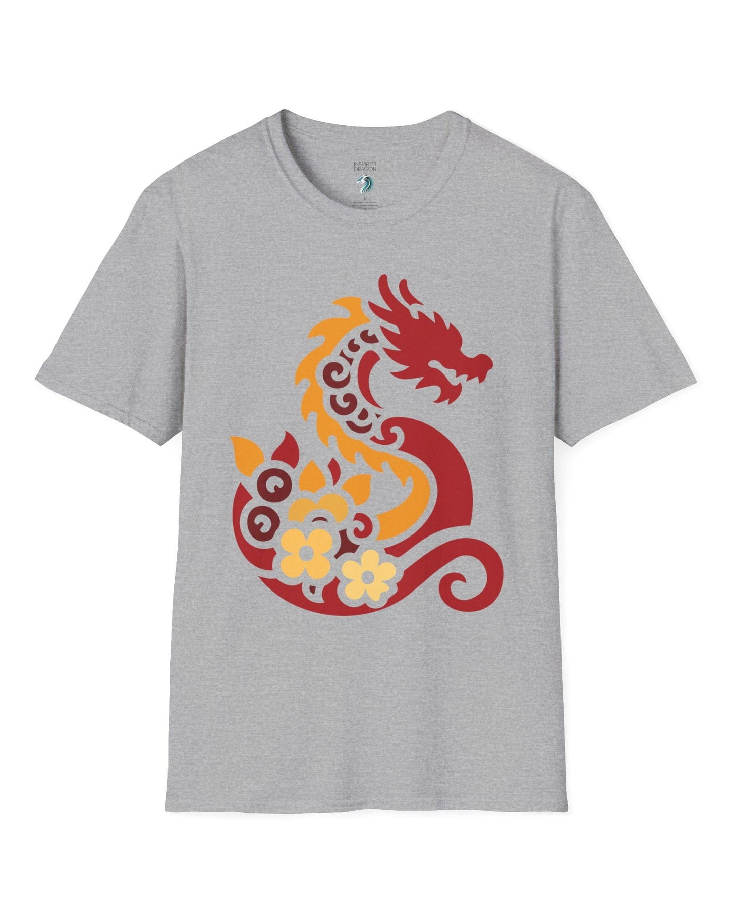 Spirit of the Embers shirt in sport grey featuring a red and gold stylized dragon surrounded by floral elements.