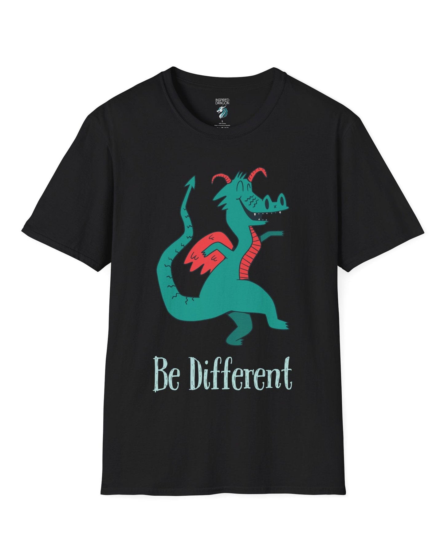 Be Different shirt in black featuring a quirky teal dragon with red wings dancing joyfully with text underneath.