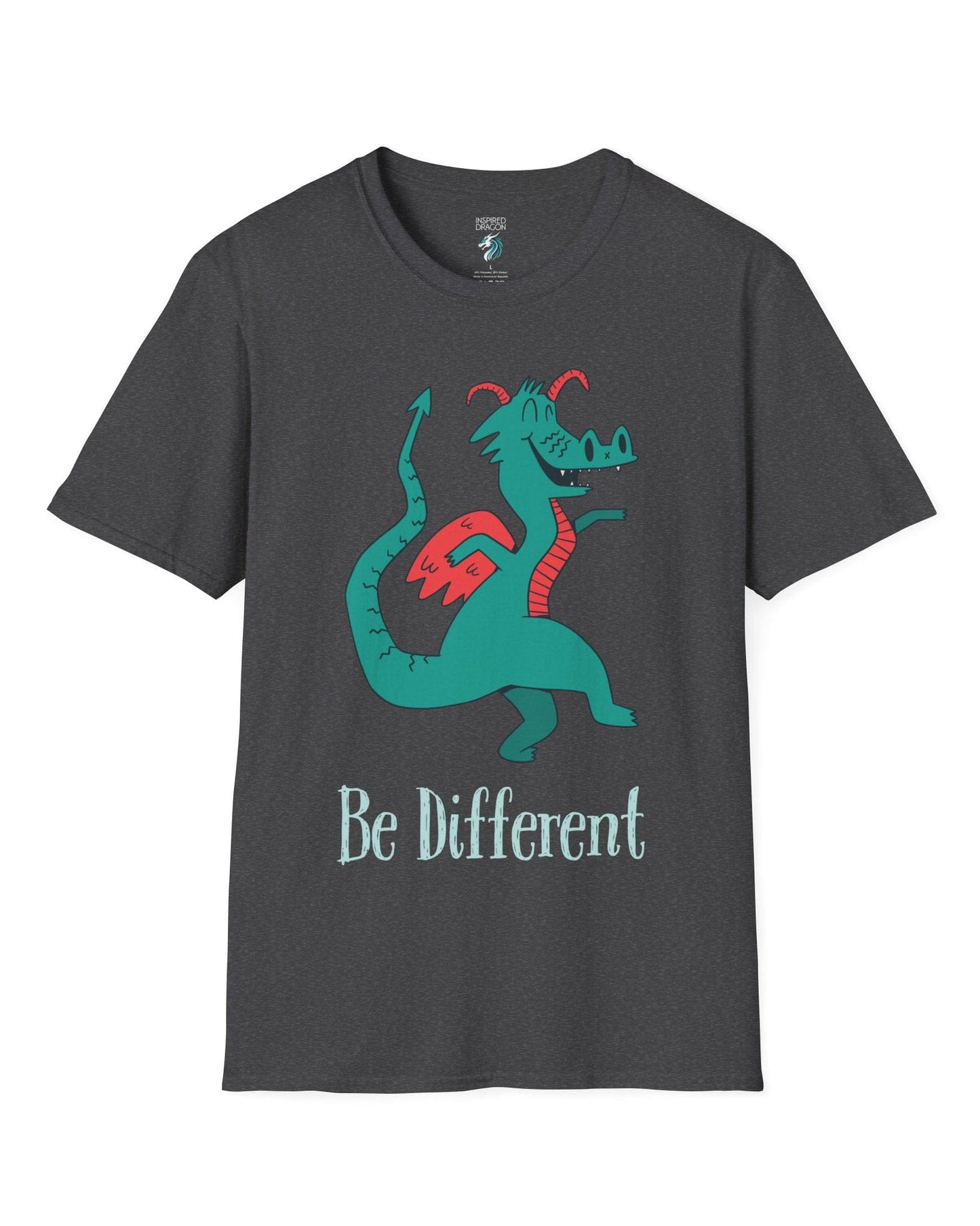 Be Different shirt in dark heather grey featuring a quirky teal dragon with red wings dancing joyfully with text underneath.