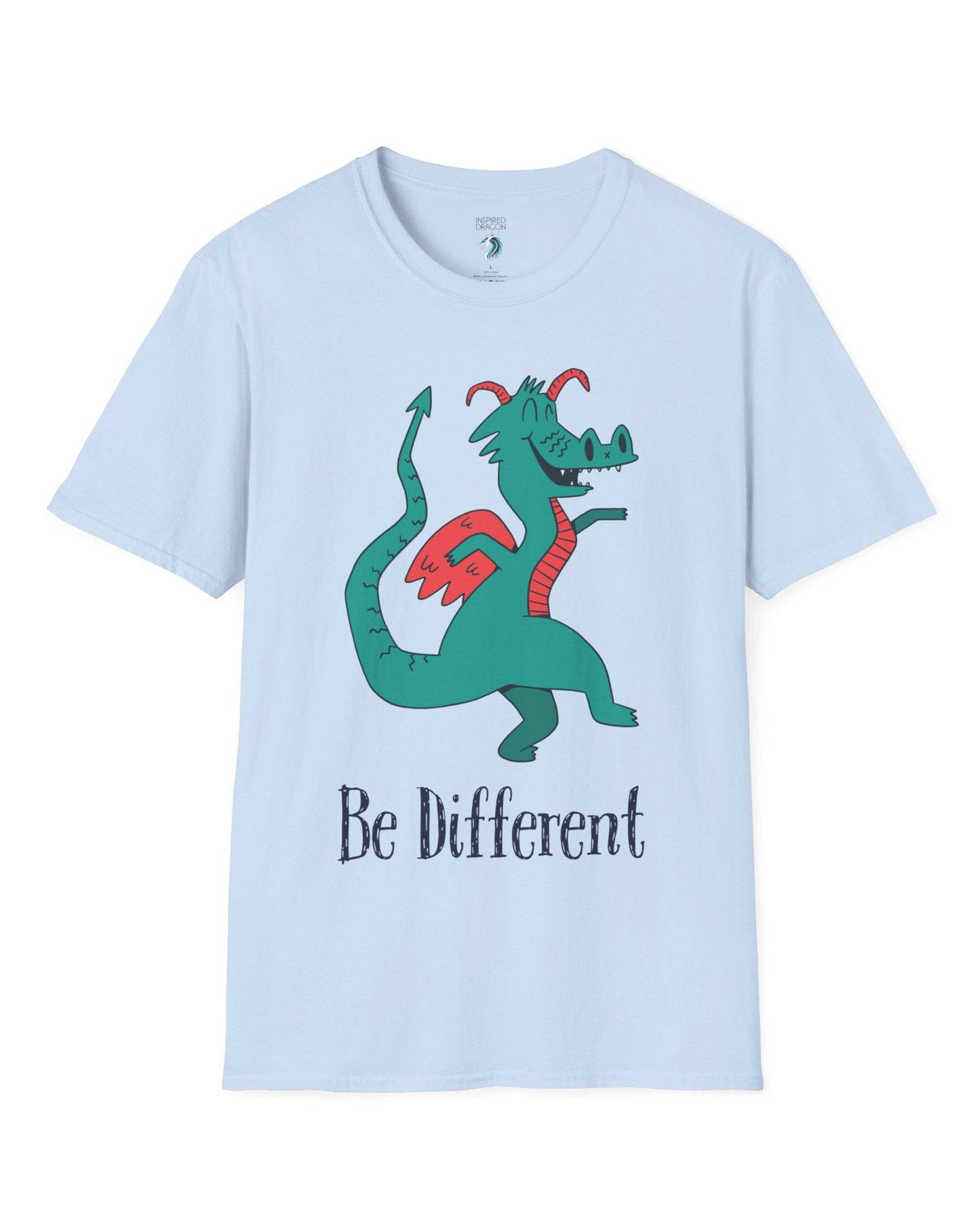 Be Different shirt in light blue featuring a quirky teal dragon with red wings dancing joyfully with text underneath.
