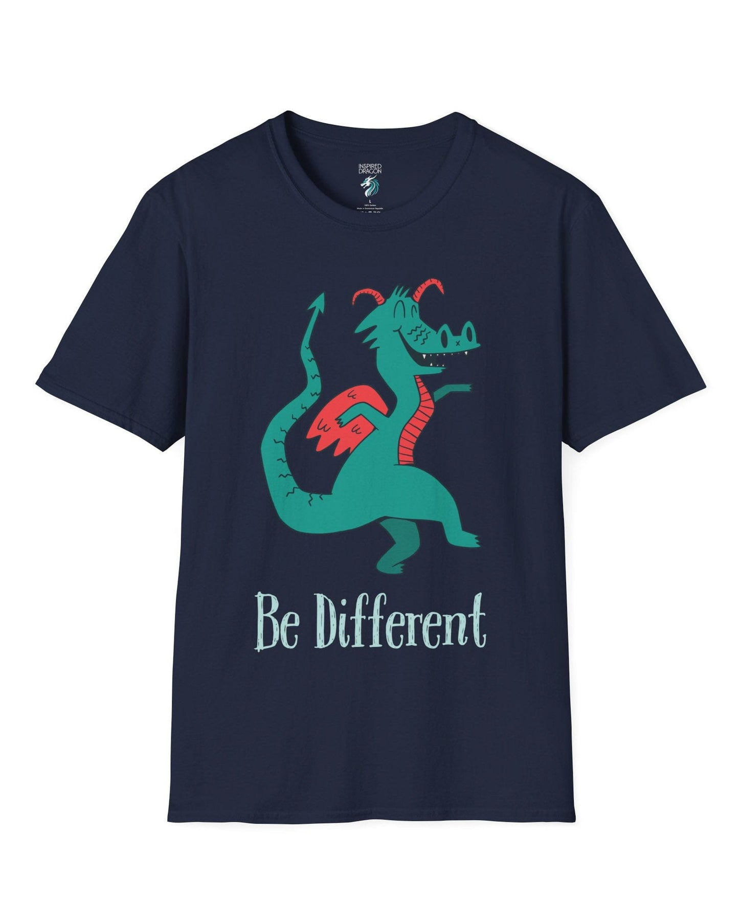Be Different shirt in navy featuring a quirky teal dragon with red wings dancing joyfully with text underneath.