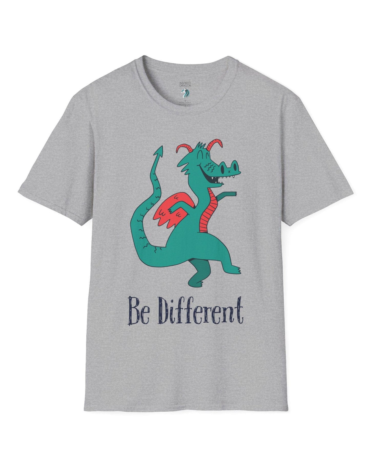 Be Different shirt in sport grey featuring a quirky teal dragon with red wings dancing joyfully with text underneath.