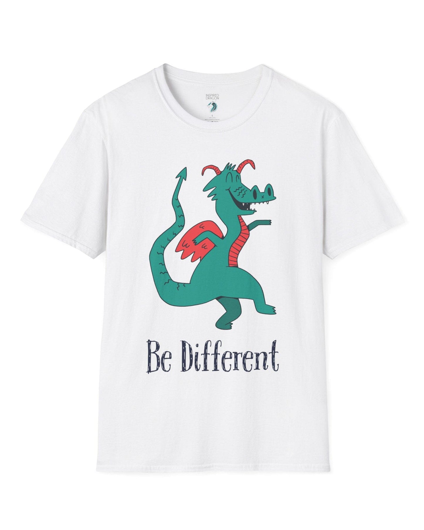 Be Different shirt in white featuring a quirky teal dragon with red wings dancing joyfully with text underneath.