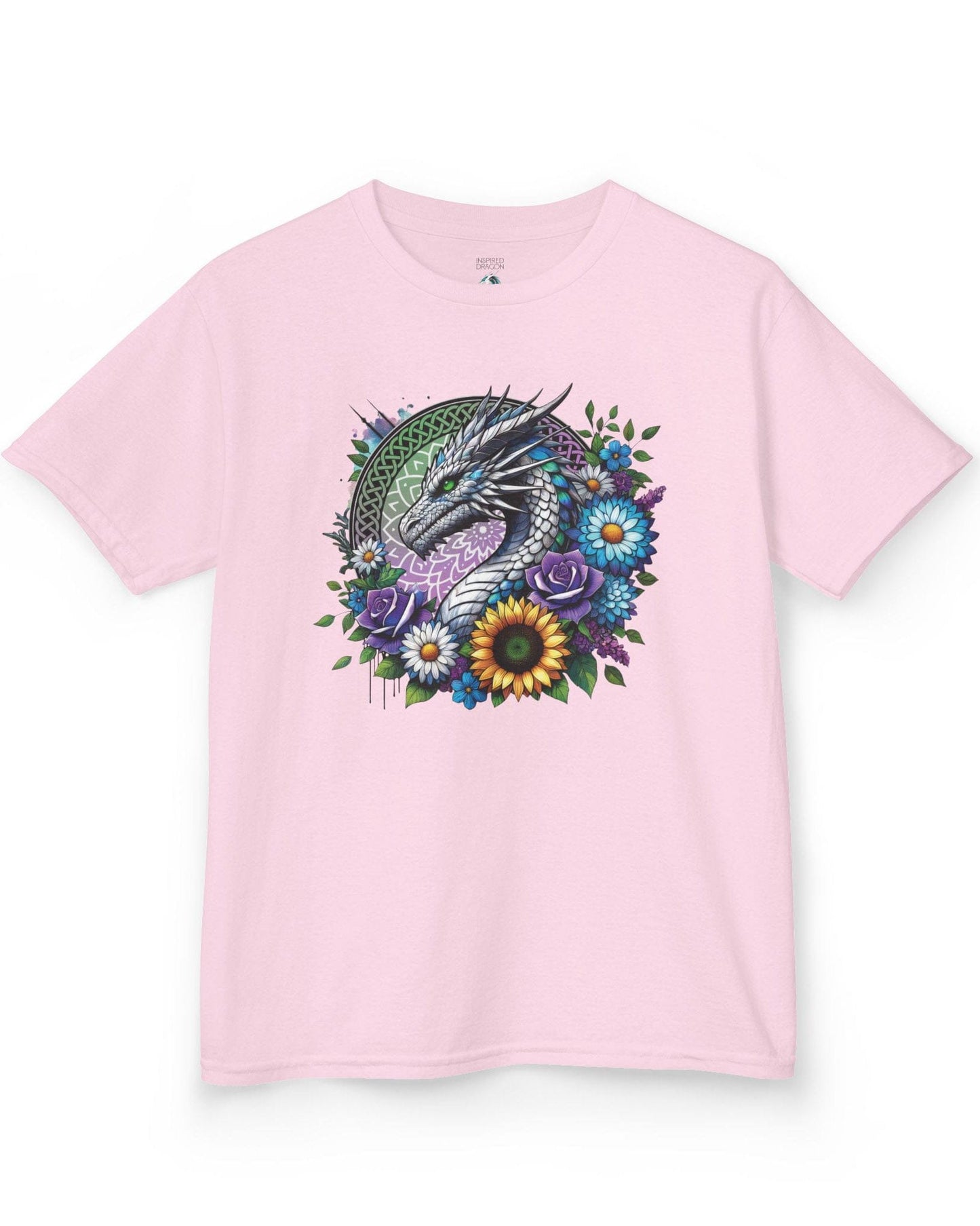 Verdant Serenity shirt in light pink, featuring a silver dragon surrounded by vibrant flowers and a mandala backdrop.