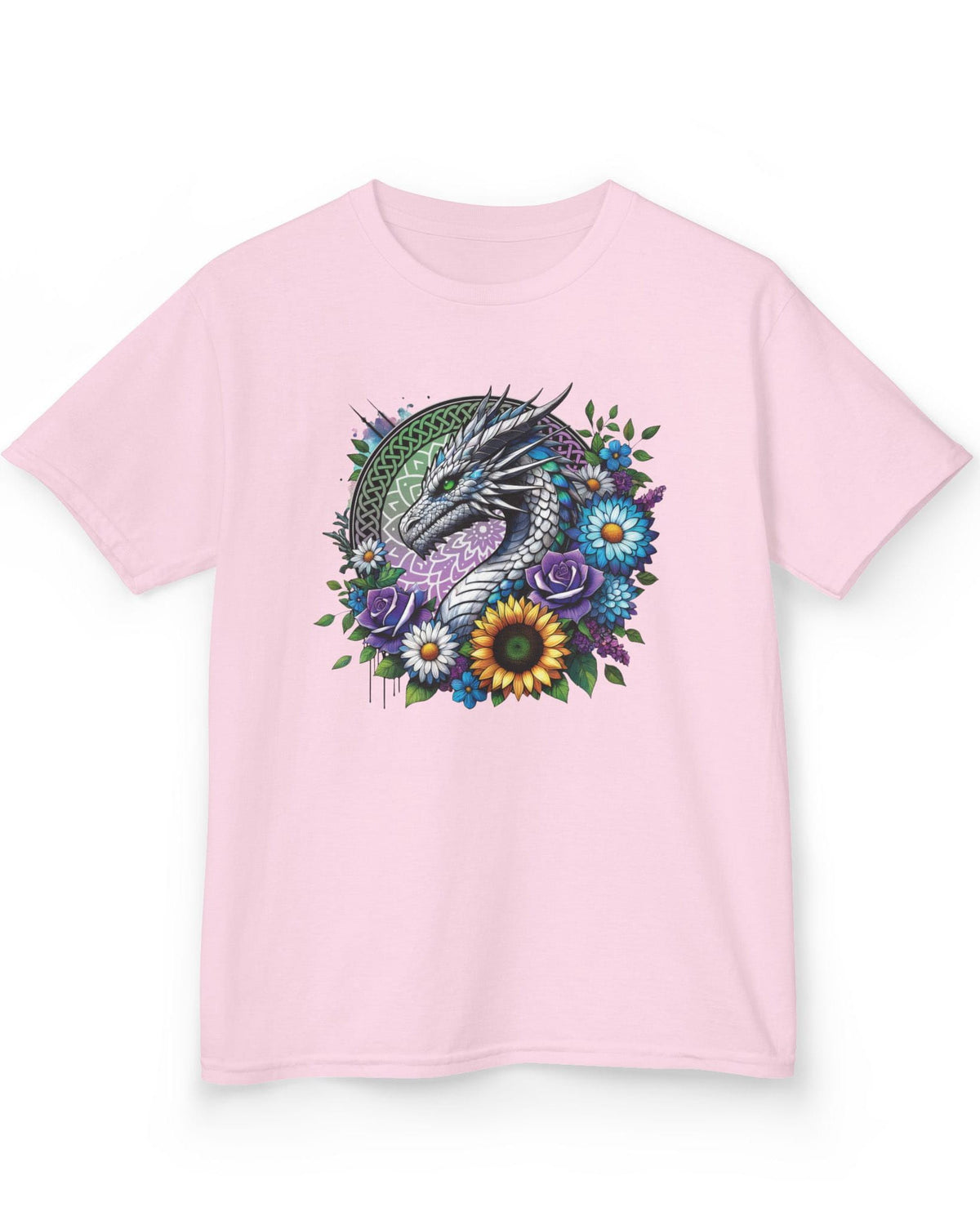 Verdant Serenity shirt in light pink featuring a silver dragon surrounded by vibrant flowers and a mandala backdrop