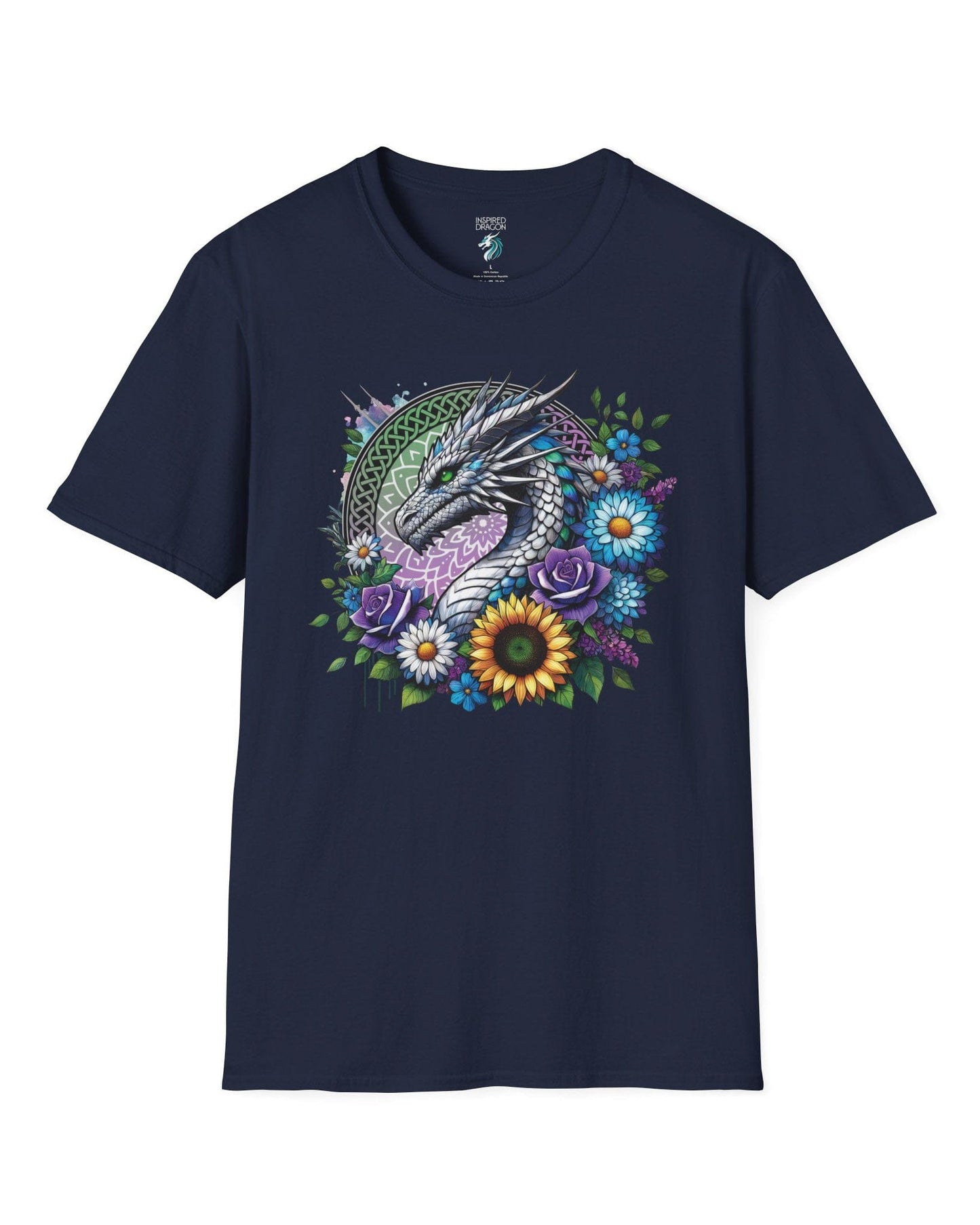 Verdant Serenity shirt in navy, featuring a silver dragon surrounded by vibrant flowers and a mandala backdrop.