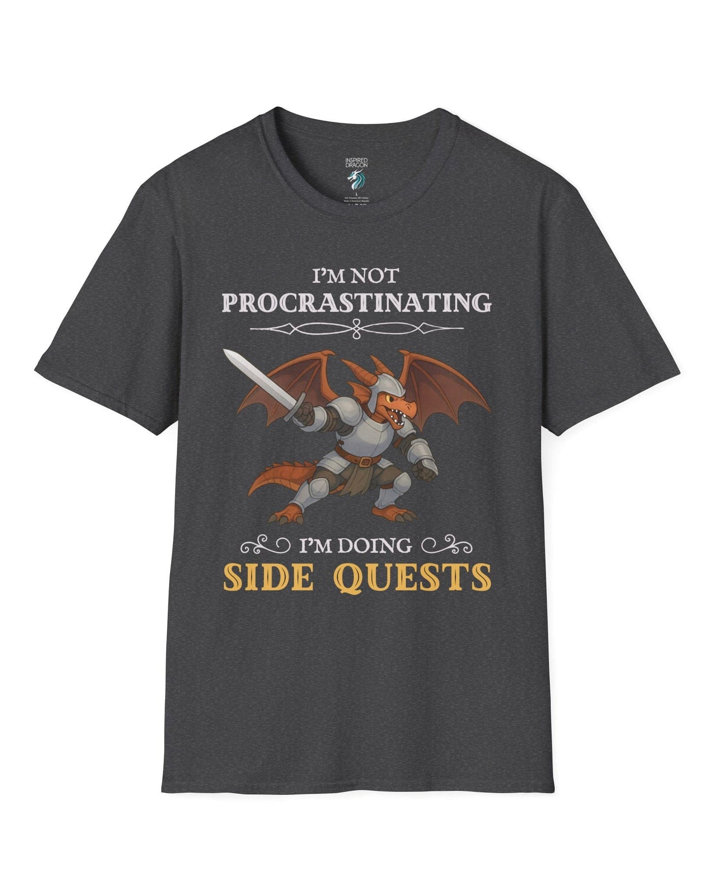 I'm Not Procrastinating, I’m Doing Side Quests shirt in dark heather grey featuring an armored dragon wielding a sword.