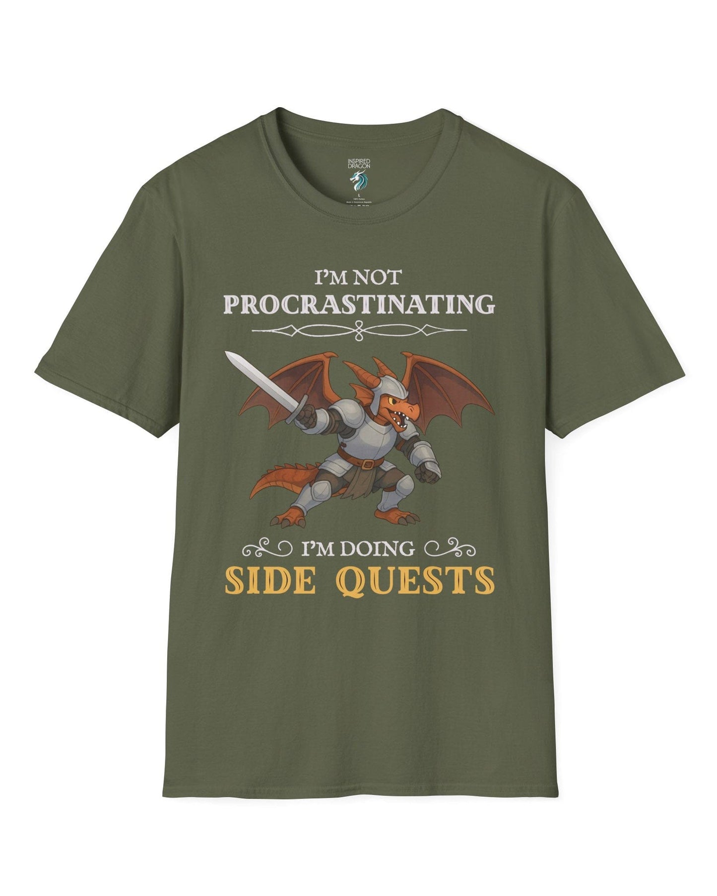 I'm Not Procrastinating, I’m Doing Side Quests shirt in military green featuring an armored dragon wielding a sword.