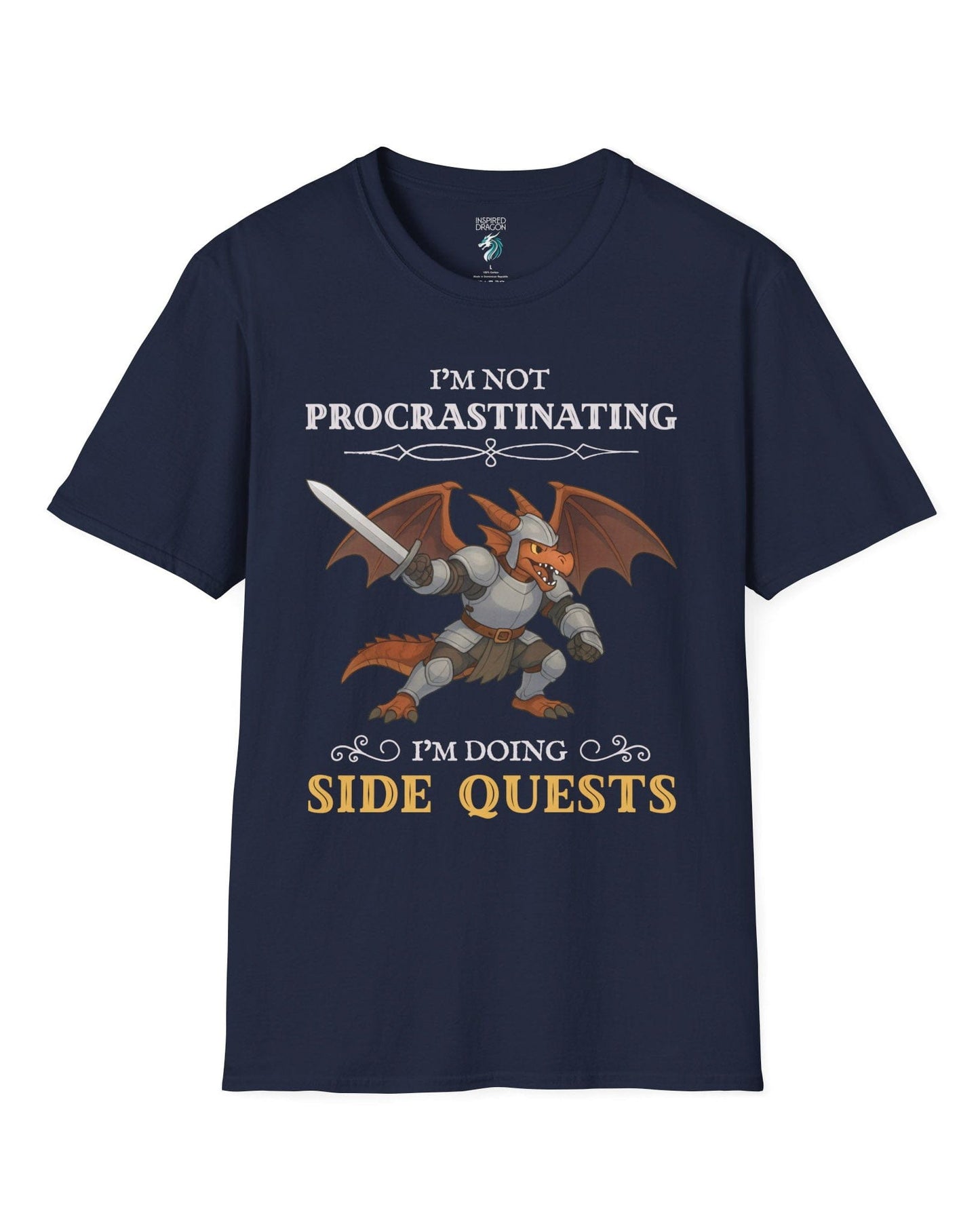 I'm Not Procrastinating, I’m Doing Side Quests shirt in navy featuring an armored dragon wielding a sword.