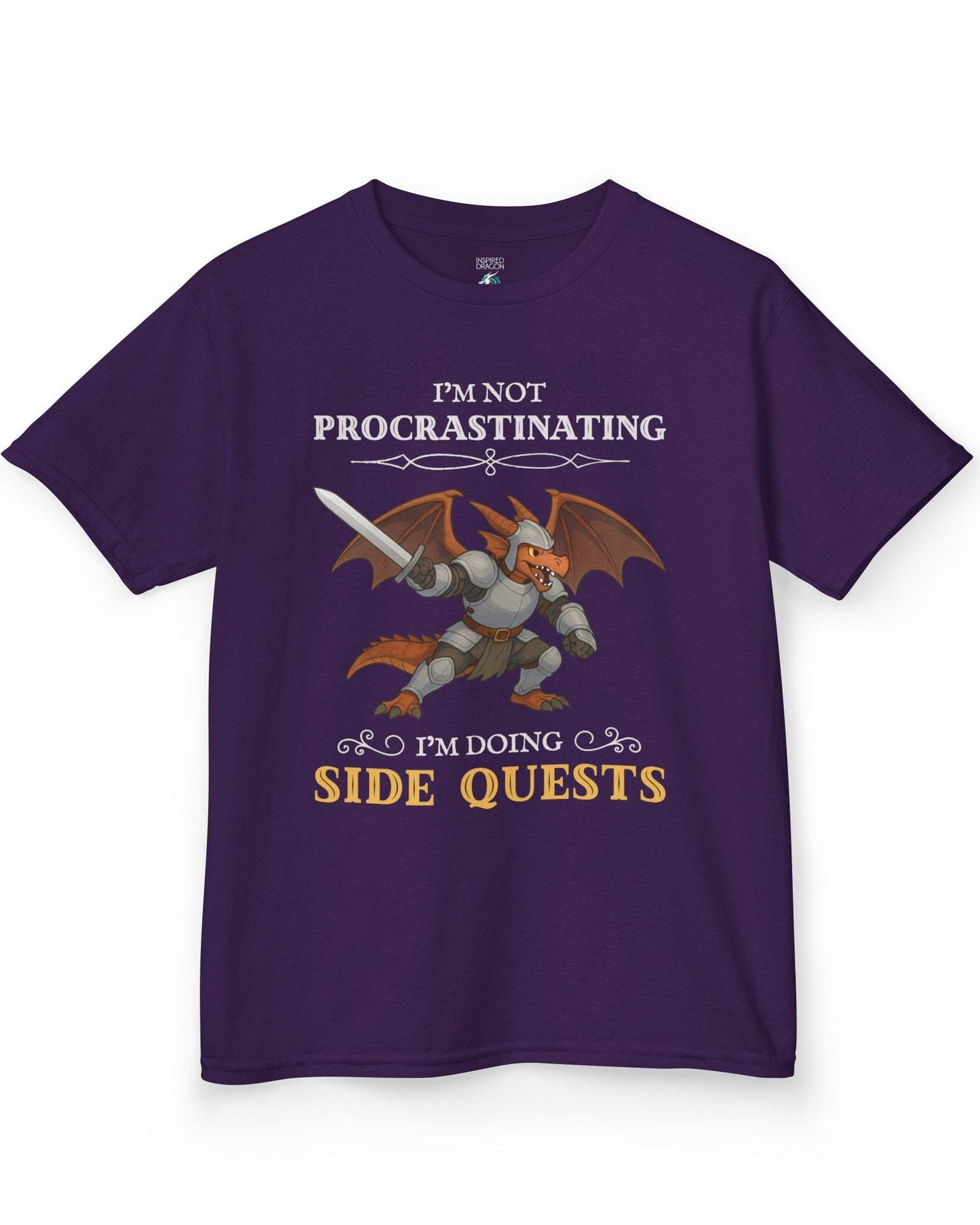 I'm Not Procrastinating, I’m Doing Side Quests shirt in purple featuring an armored dragon wielding a sword.