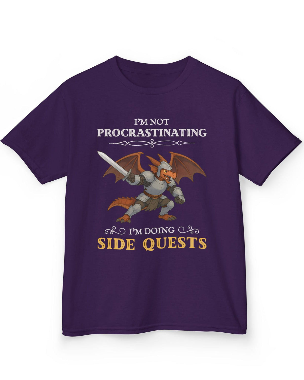 I'm Not Procrastinating, I’m Doing Side Quests shirt in purple featuring an armored dragon wielding a sword.