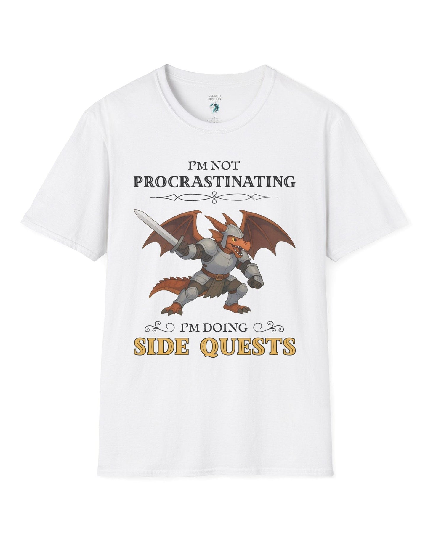 I'm Not Procrastinating, I’m Doing Side Quests shirt in white featuring an armored dragon wielding a sword.