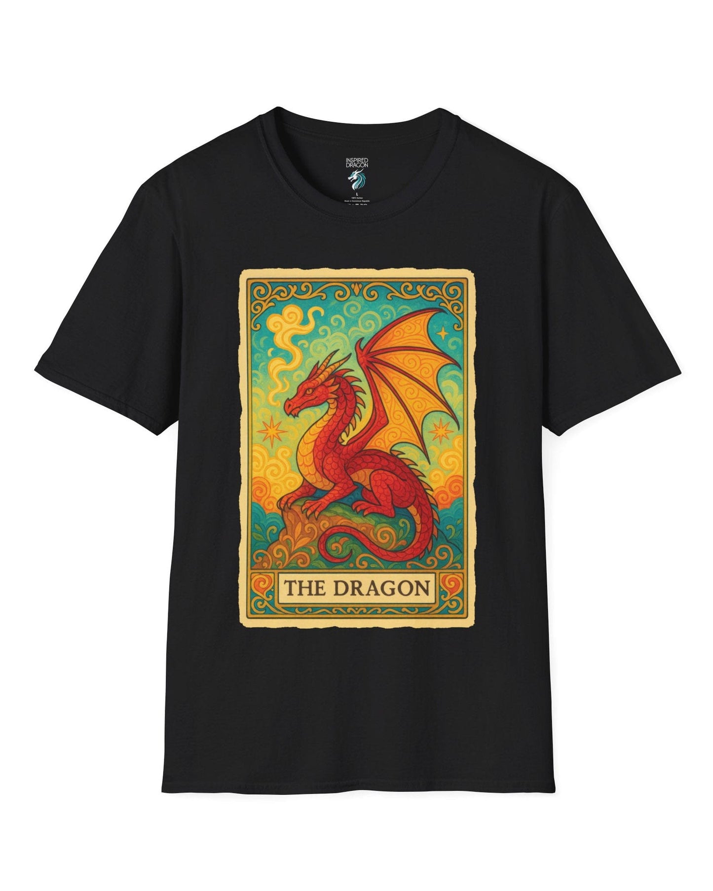 Dragon Tarot Card shirt in black featuring a vibrant red and gold dragon framed in an ornate tarot-style border.