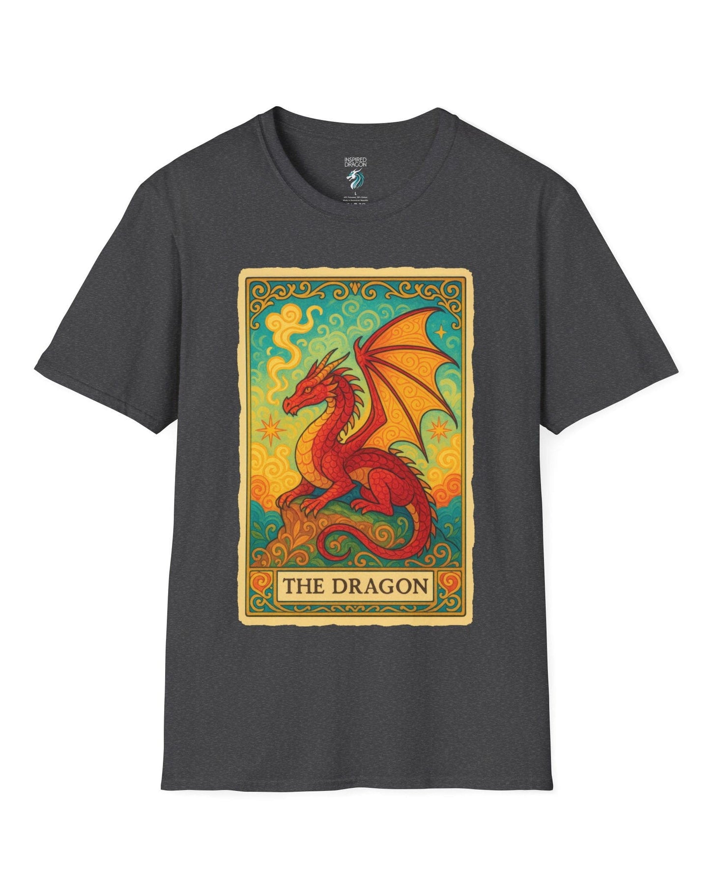 Dragon Tarot Card shirt in dark heather grey featuring a vibrant red and gold dragon framed in an ornate tarot-style border.