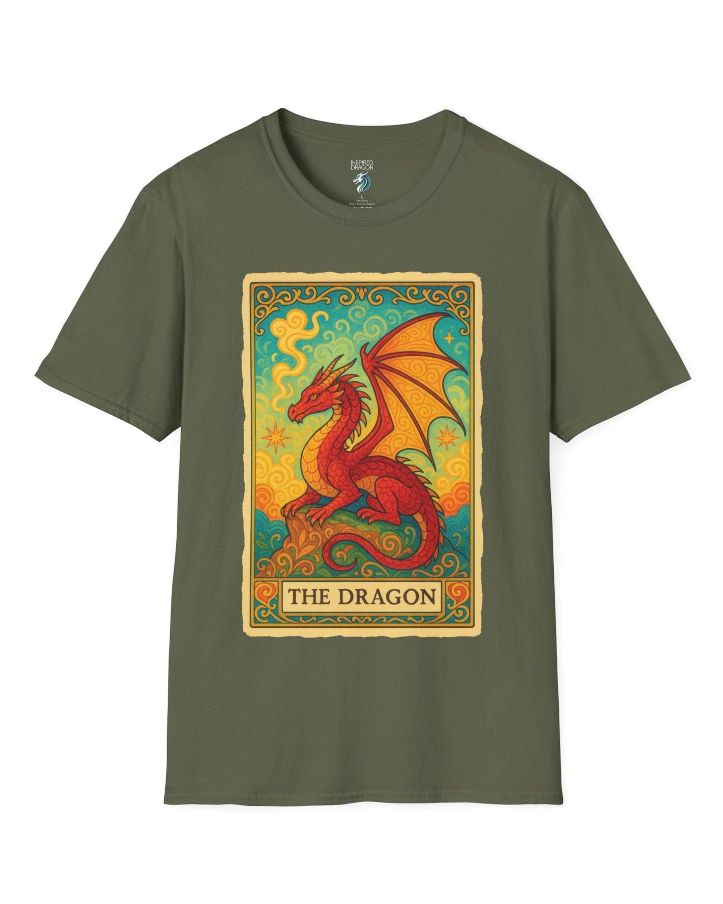 Dragon Tarot Card shirt in military green featuring a vibrant red and gold dragon framed in an ornate tarot-style border.
