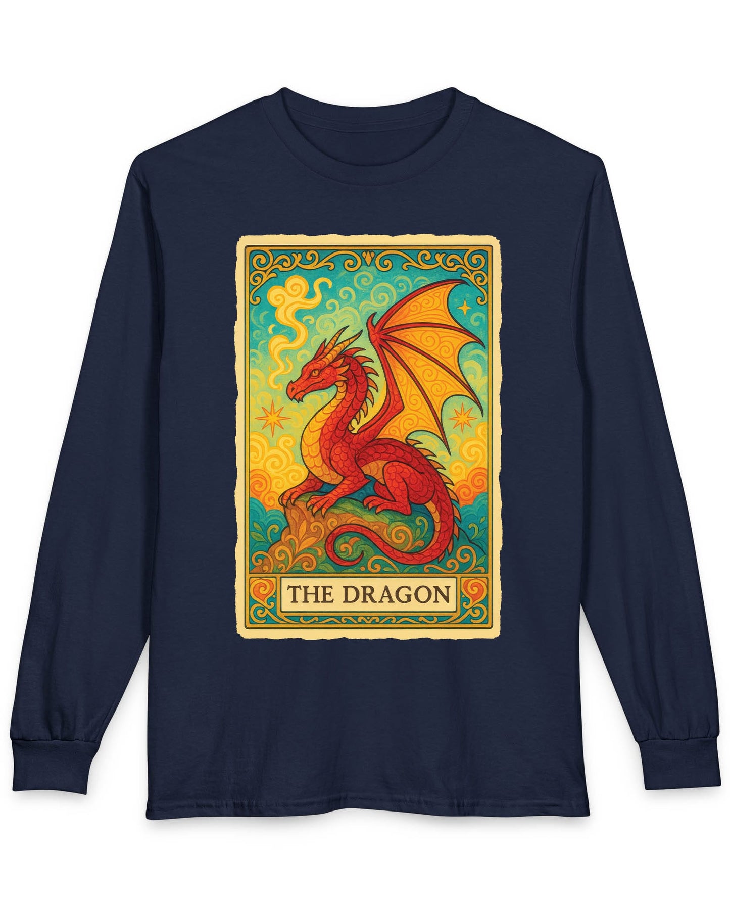 Dragon Tarot Card shirt in navy featuring a vibrant red and gold dragon framed in an ornate tarot-style border