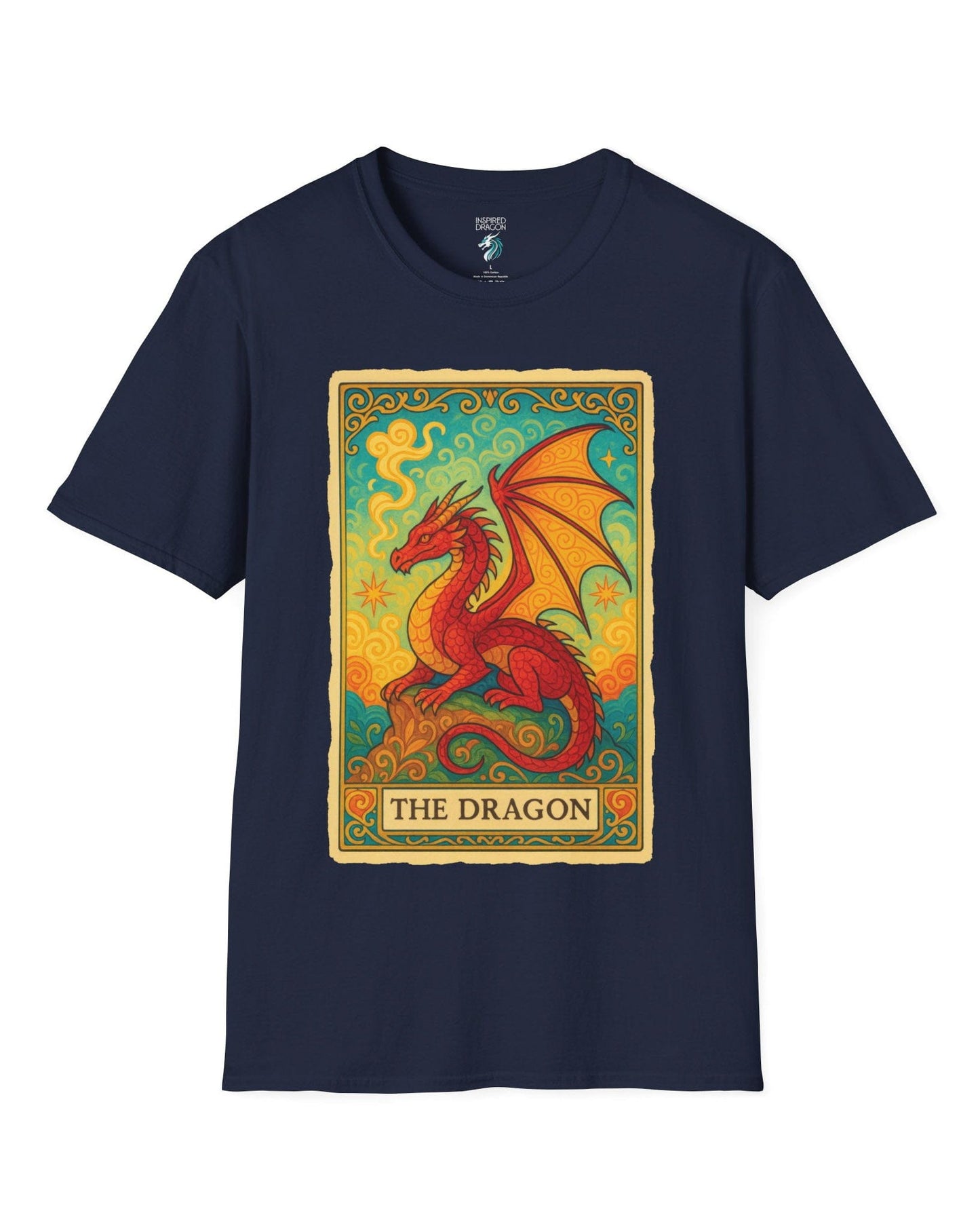 Dragon Tarot Card shirt in navy featuring a vibrant red and gold dragon framed in an ornate tarot-style border.