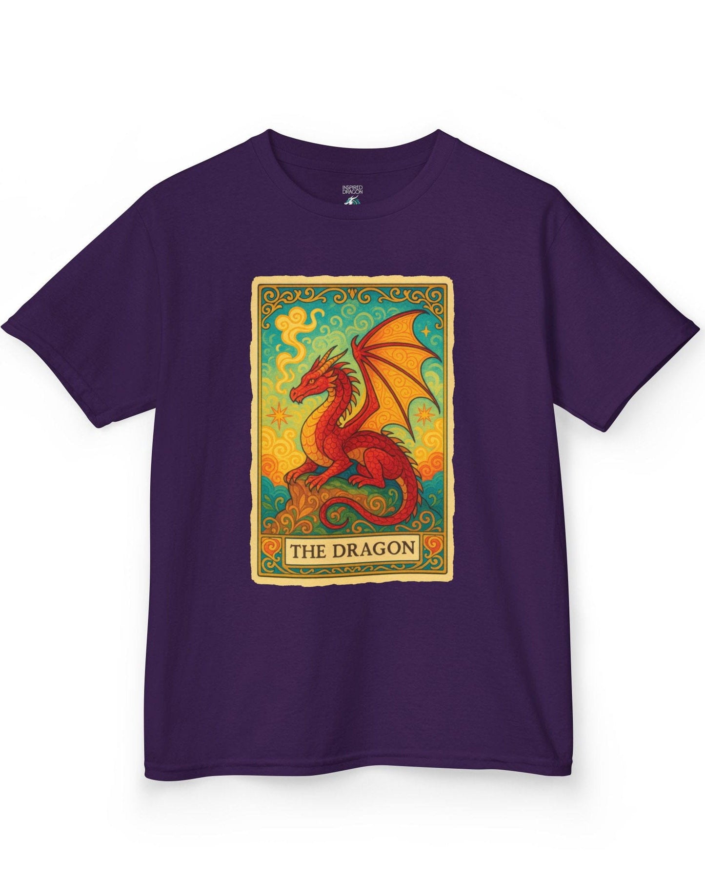 Dragon Tarot Card shirt in purple featuring a vibrant red and gold dragon framed in an ornate tarot-style border.
