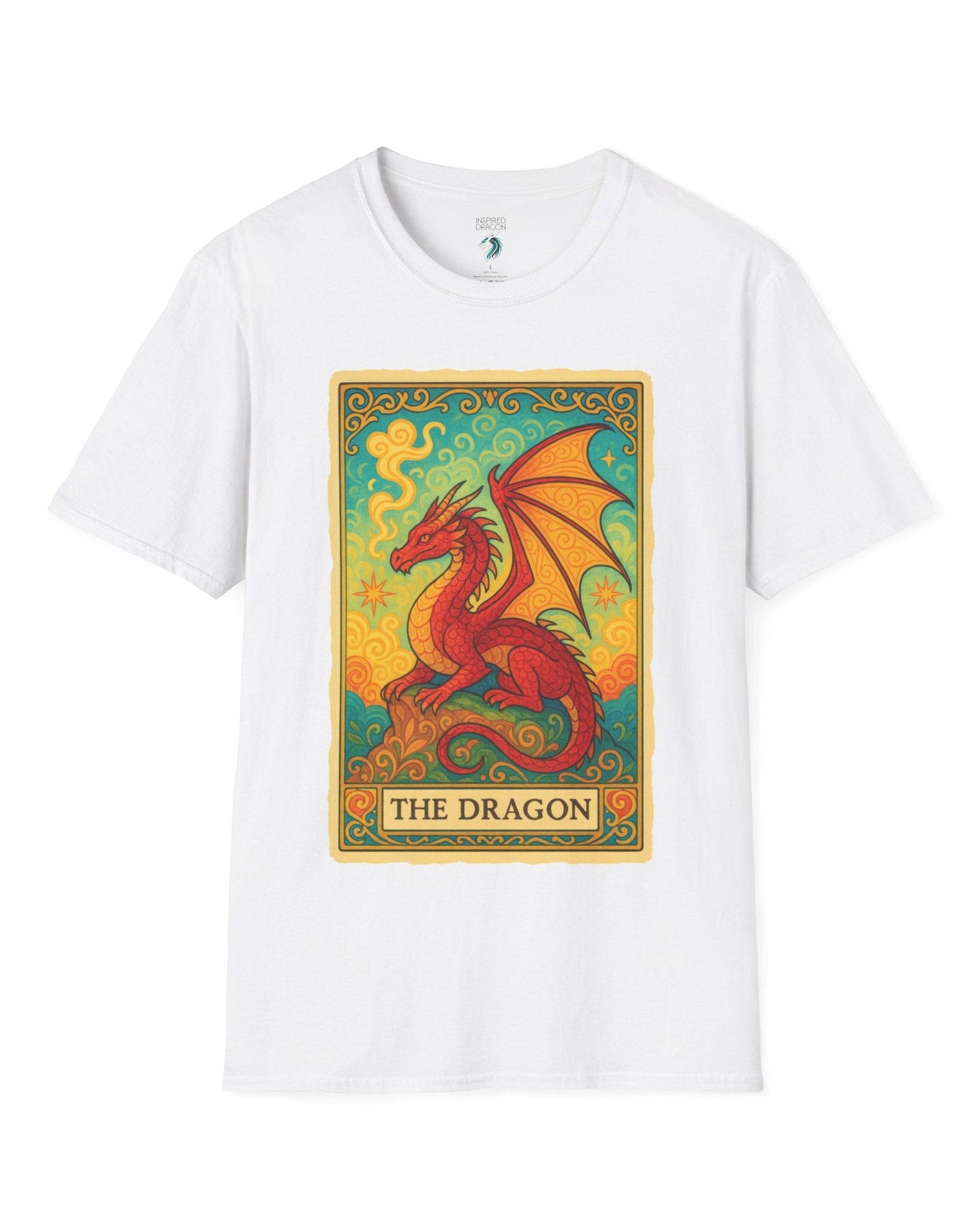 Dragon Tarot Card shirt in white featuring a vibrant red and gold dragon framed in an ornate tarot-style border.