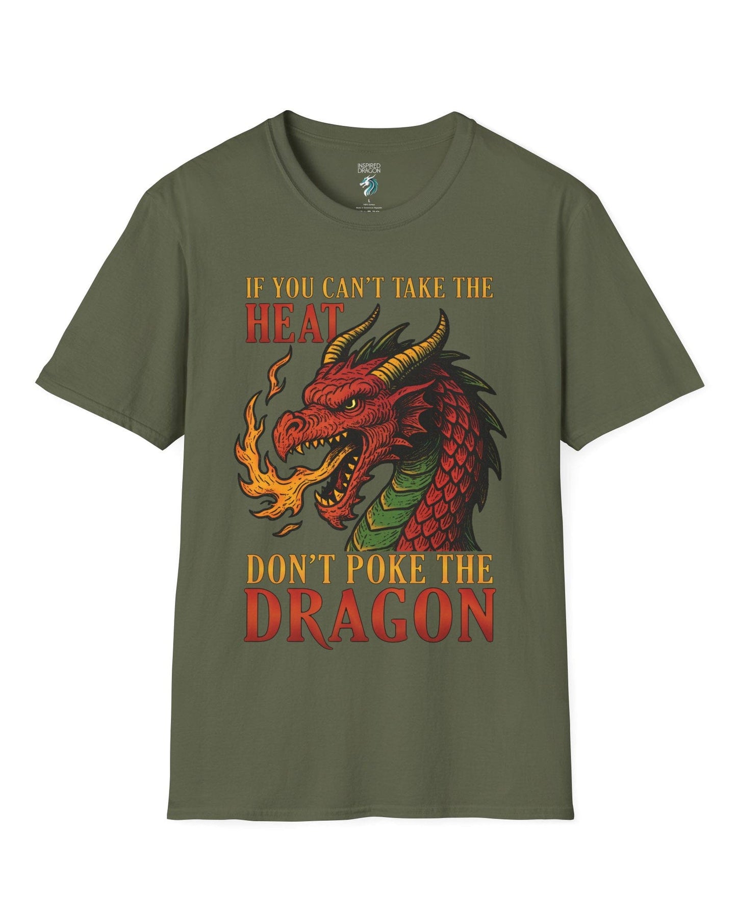 Don't Poke the Dragon shirt in military green featuring a fiery red dragon breathing flames with bold vintage lettering.