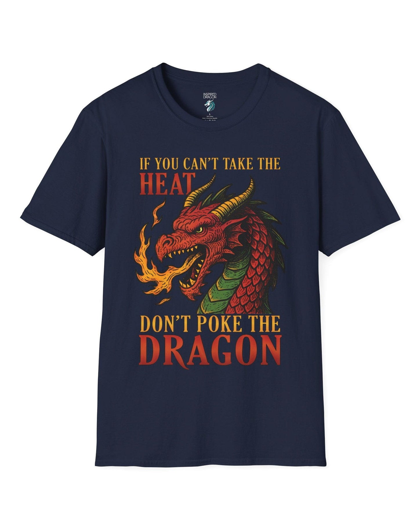 Don't Poke the Dragon shirt in navy featuring a fiery red dragon breathing flames with bold vintage lettering.
