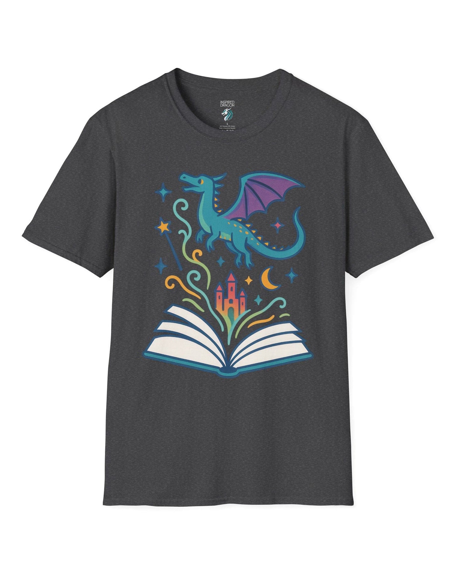 The Story Takes Flight shirt in dark heather grey featuring a blue dragon flying from an open book with magic and a castle.